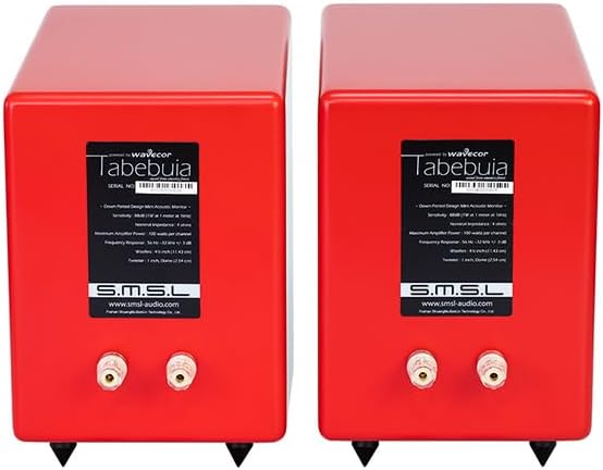 S.M.S.L Bookshelf Speakers Passive Tabebuia Speaker System,Custom Wavecor Drivers,100W Per Channel,56Hz-32kHz Response, Wall-Distance Adjustable with Spikes(Pair) (Red)