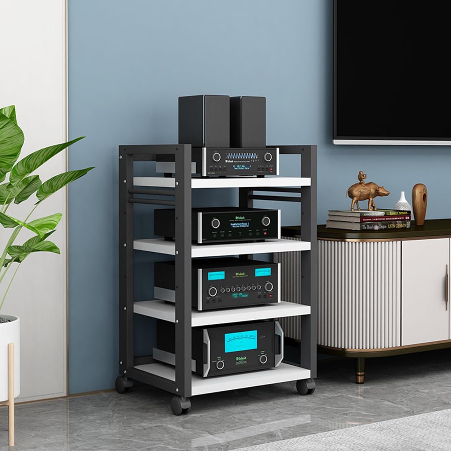 Open 4-Tier Media Stand Audio Video Component Cabinet DVD CD Player Stand Stereo Power Amplifier Equipment Storage Rack with Height Adjustable Wooden Shelf for Home/Office/Theater (Color : D)