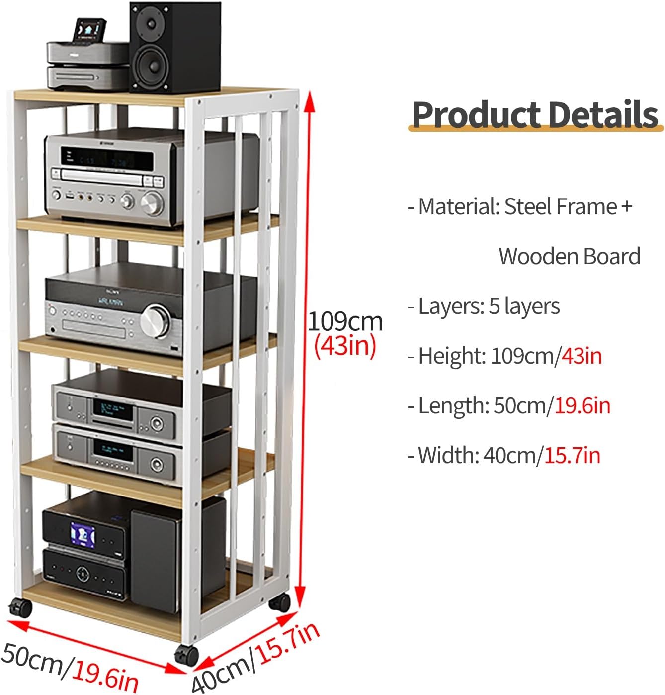 JYHHCYS Audio Video Tower Media Stand - 2/3/4/5 Shelf Stereo Rack Component Unit - Open-Ended Electronics Equipment Shelf for Home Office Living Room(5 Tier- H 109CM/43in)