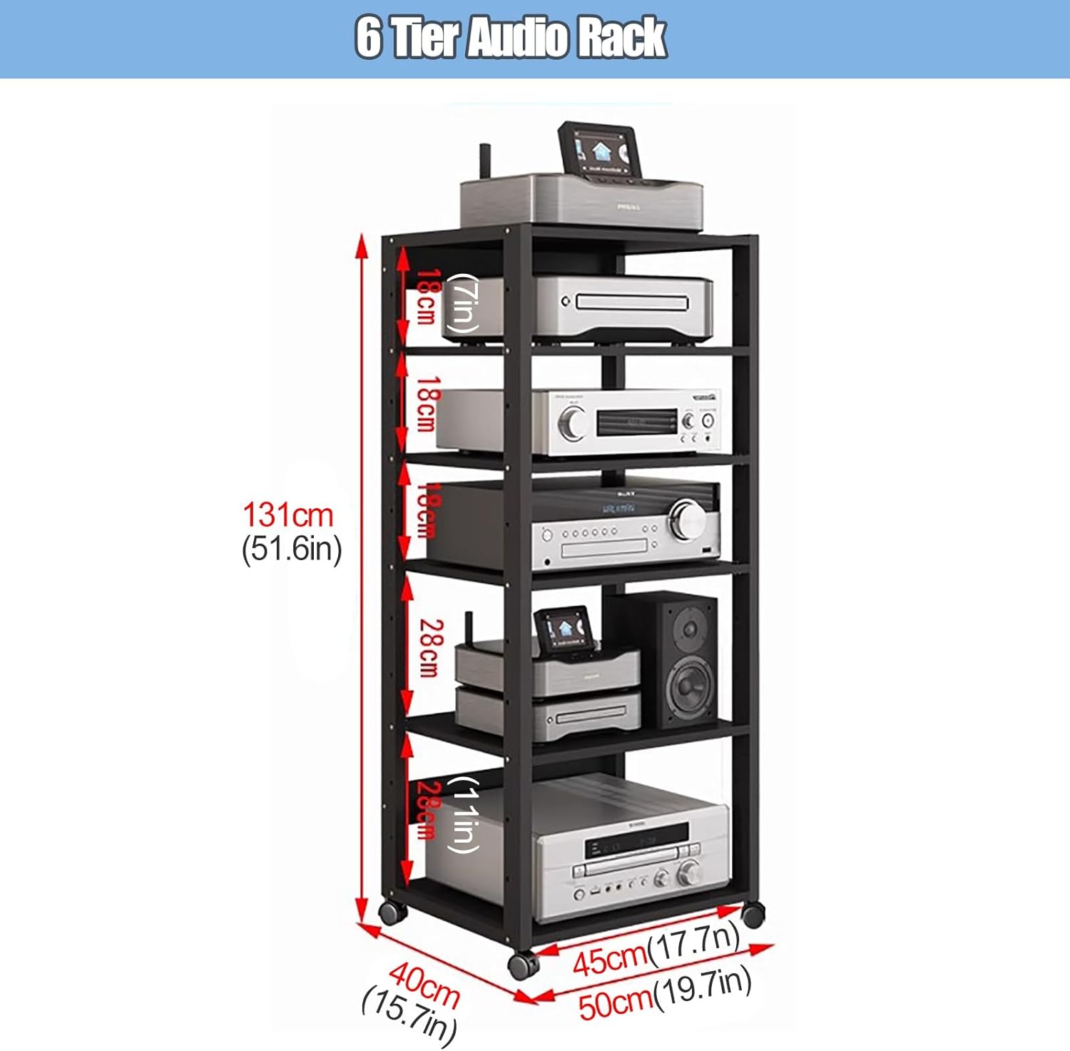 UYCVT Heavy Duty Rolling Av Stand with Wheels 7-Tier Stereo Rack Audio-Video Media Cabinet Floorstanding Shelf for Electronics Home Theater Cart & Storage Solution -6 Tier-131cm(51.6in)