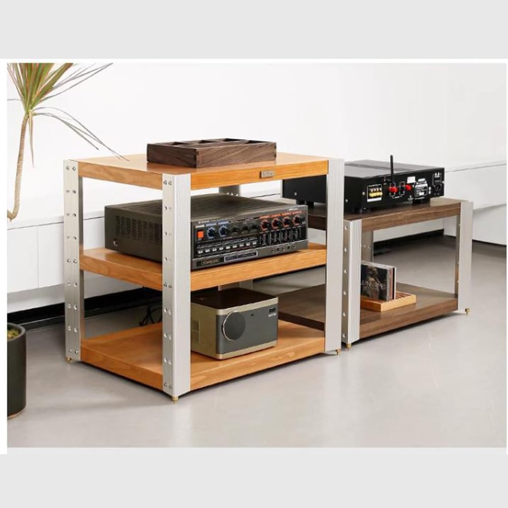 KGPGNYMYHA Aluminum Stereo Cabinet AV Media Stand Walnut Solid Wood Rack Audio Tower Audio Video Components Cabinet With Shock Spikes For Home Office(Natural