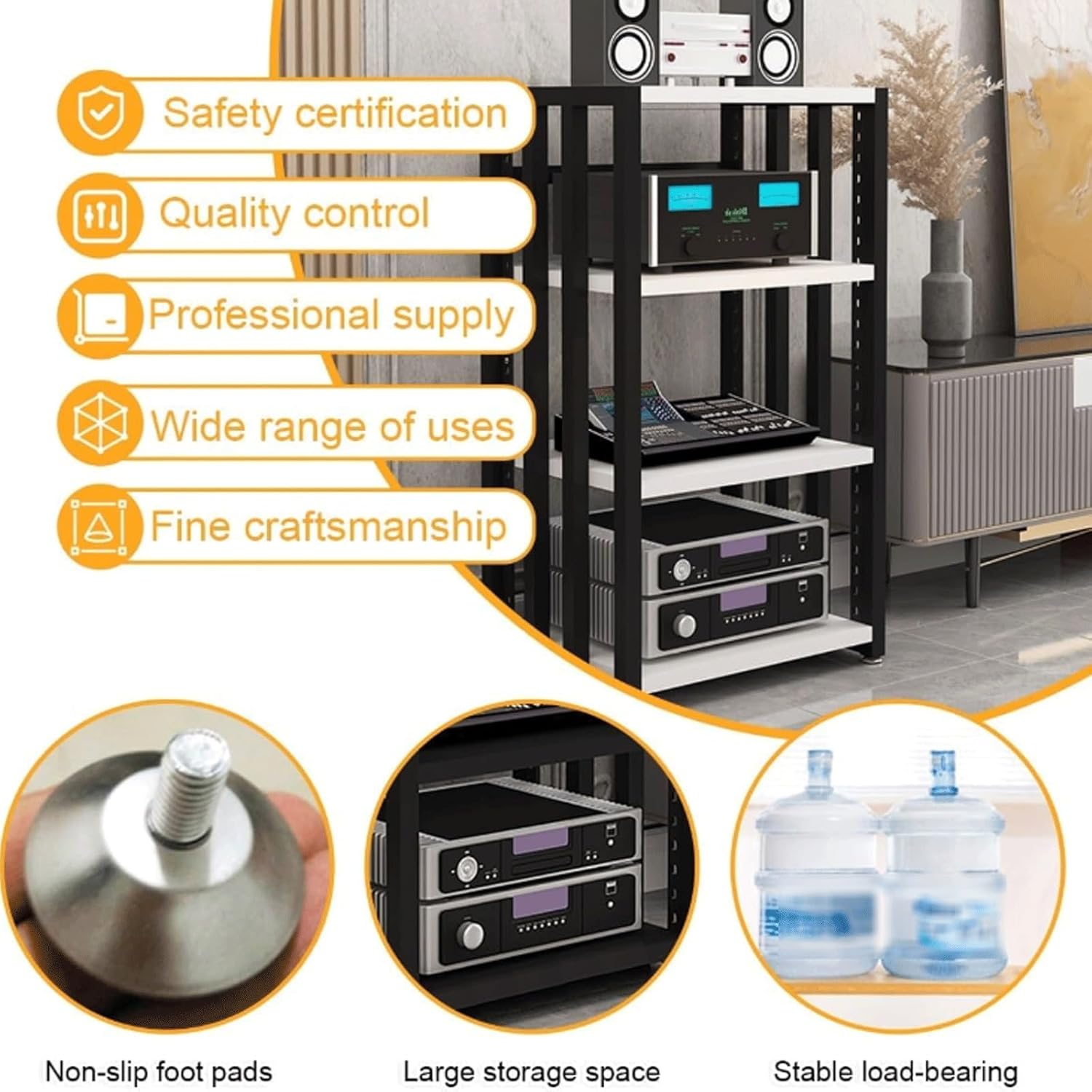 XMFBSY Medios 4-Tier AV Media Stand HiFi Stand Audio Tower Rack with Adjustable Shelves Wooden Stereo Component Cabinet for Record Player TV Box Game Console Organizer(Natural)