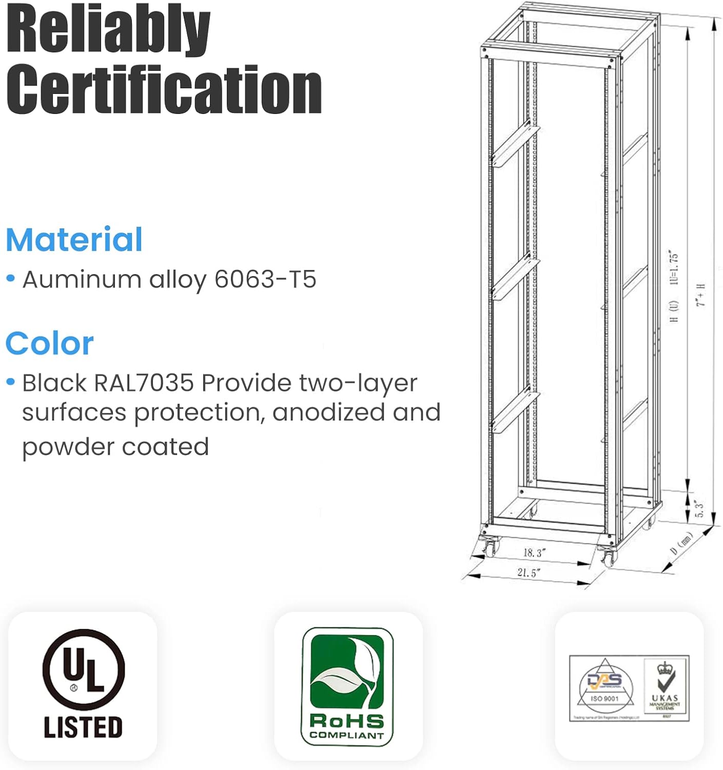 Raising Electronics Server Rack Open Frame Rack 4 Post 19 inch Adjustable Server/Audio Rack Cold Rolled Steel(42U