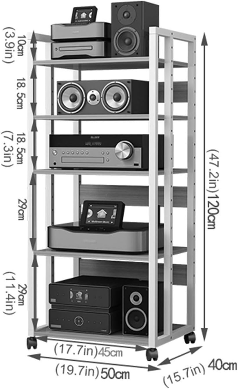 5/6-Tier Movable Media Stand Audio/Video Rack CD Player Stand Stereo Component Storage Cabinet with Height Adjustable Wooden Shelf for Home/Office/Theater