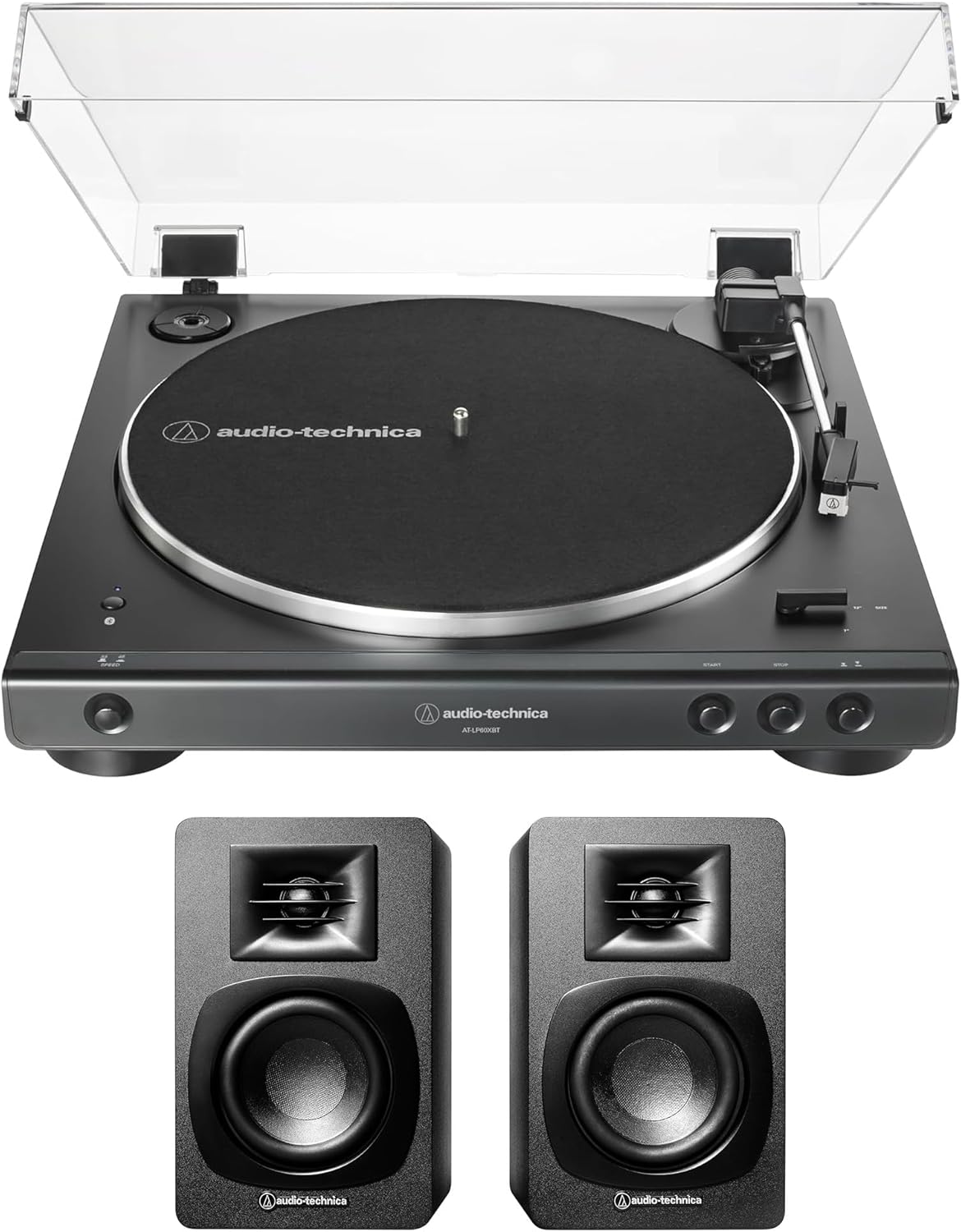 Audio-Technica AT-LP60XBT-BK Bluetooth Wireless Automatic Belt-Drive Turntable with Audio Technica AT-SP3X Powered Bookshelf Speakers (2019)