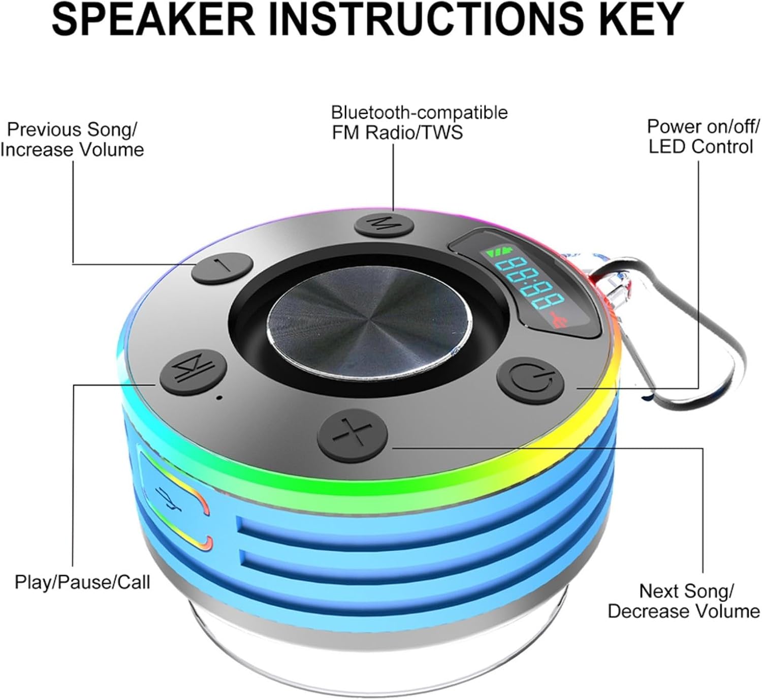 Bluetooth 5.3 Waterproof Shower Speaker with Suction Cup - Immersive HD Sound, FM Radio, LED Display (Blue)
