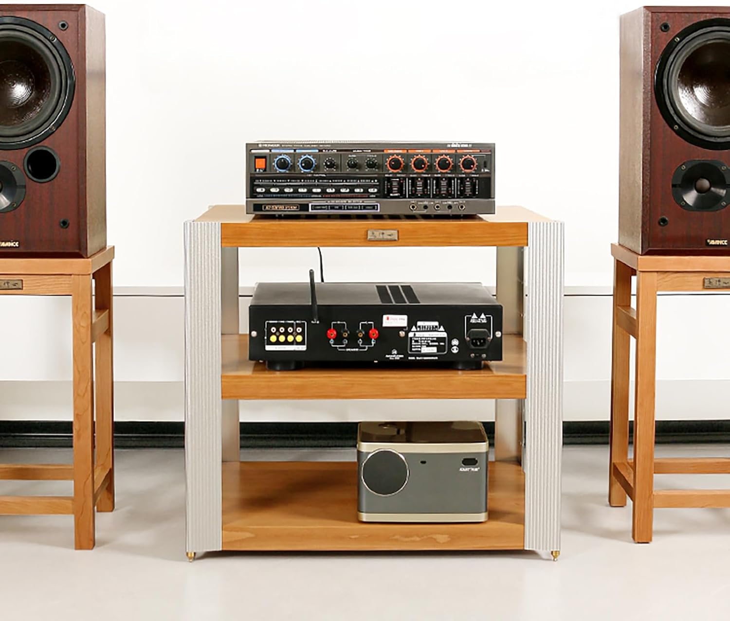 MDYHY Wooden AV Media Stand Adjustable Audio Cabinet with Shelves for HiFi Amplifiers & Entertainment Systems Stylish Yellow Rack for Stereo Components (57.5cm/22.6in)