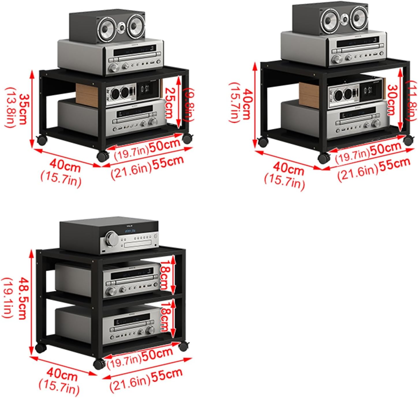 UYCVT Movable Media Stand 2/3-Media Stand Amplifier Rack Corner Movable Audio Tower with Storage Wooden Shelves and Steel Frame