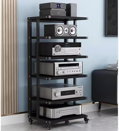 UYCVT 4-Tier Media Storage Cabinet with Wheels - Audio Video Stand Rack for Home Theater Av Component Organizer Corner Shelf Stereo Tower Black Finish-Black-6 Tier