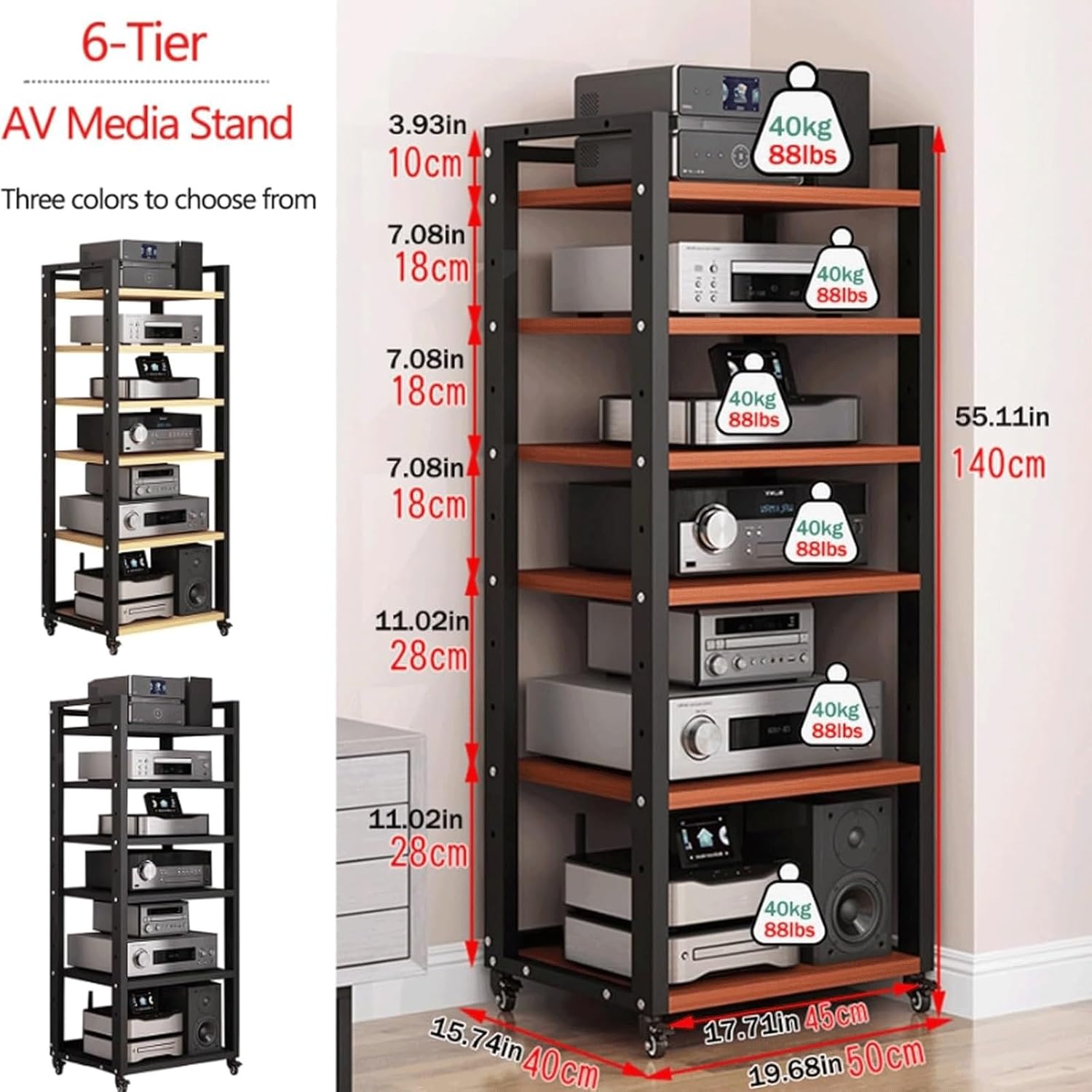 PZEOB Audio Rack AV Media Stand Adjustable Media Storage Shelves with Wheels Movable Audio-Video Shelving 5/6/7 Tier Audio Rack Tower(Black