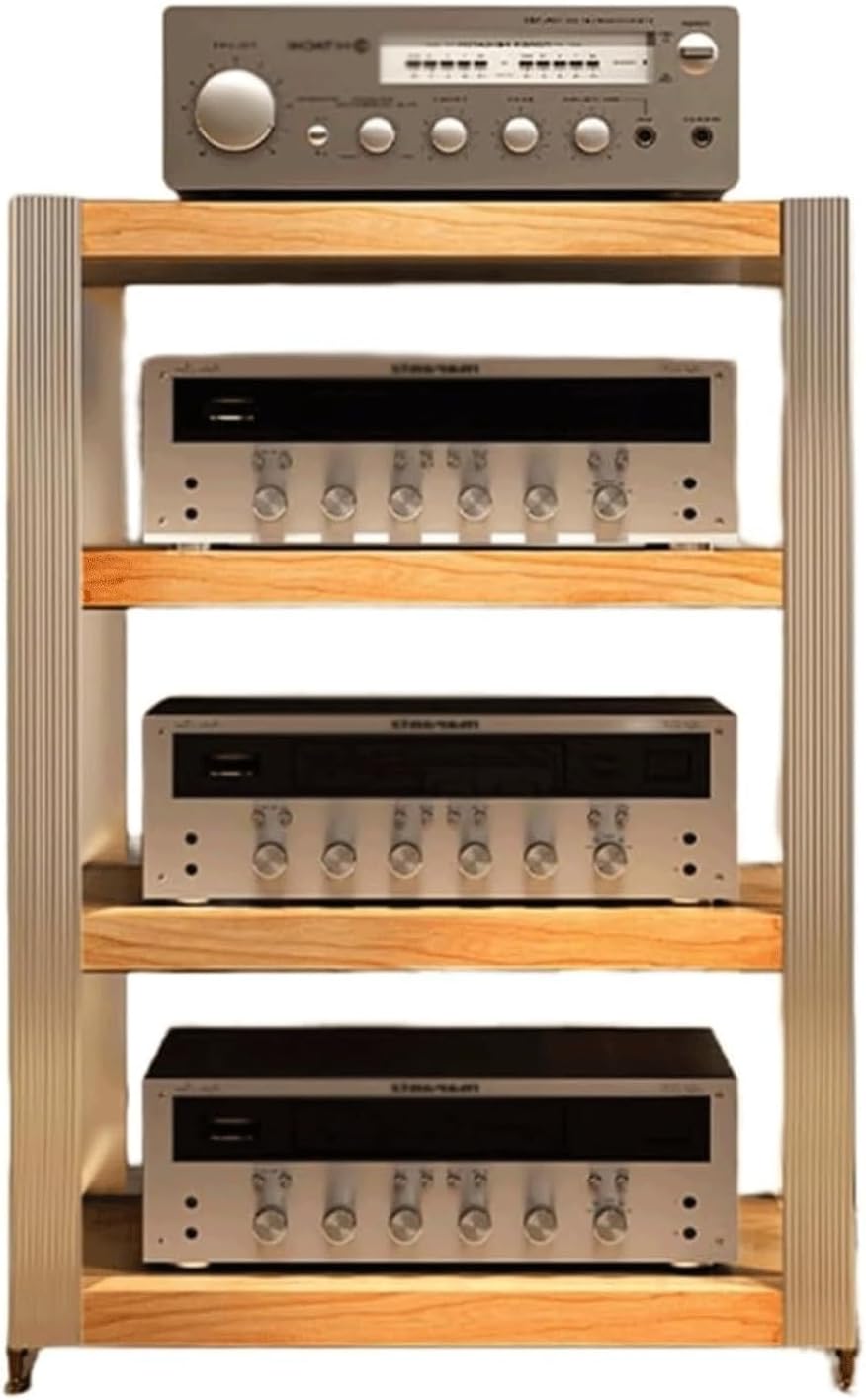 PZEOB Wooden Audio Tower Rack AV Media Stand with Aluminum Alloy Frame Stereo Stand with Adjustable Shelves Record Player Stand(Wood