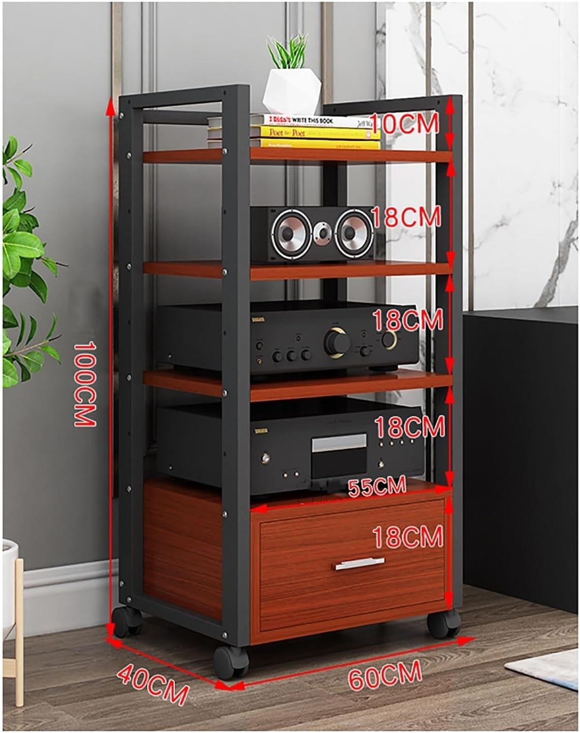 WUHUQN Media Stand 60 Long Multi-Tier Audio Rack with Drawer Amplifier Stand AV Cabinet Mobile Kickstand CD Rack Media Storage Shelf Protects and organizes Your Valuable Music
