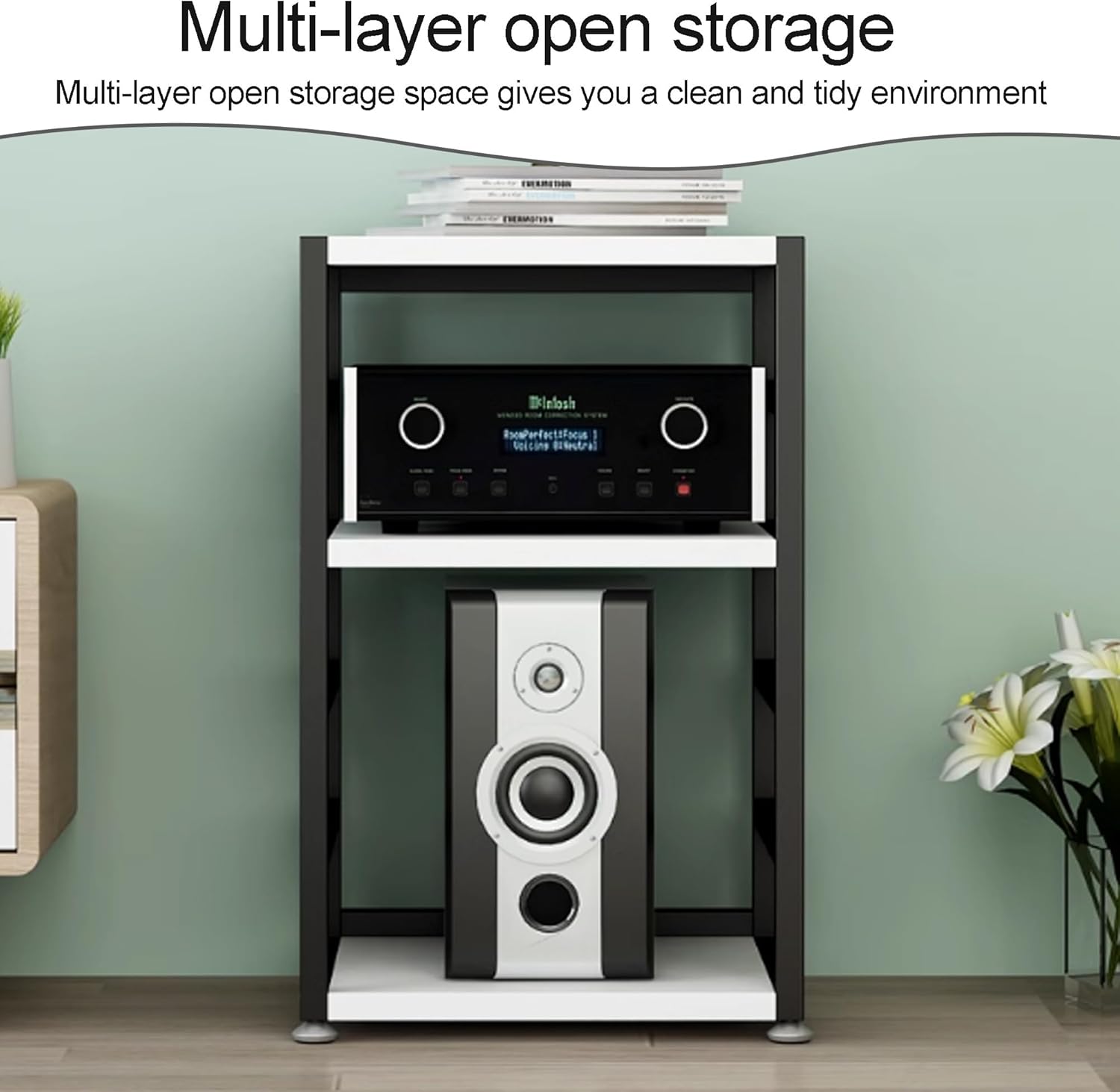 OVOGGPAN Open AV Media Stand Adjustable Audio-Video Shelving Unit with Customizable Shelves & Foot Pads Stereo Component Storage Cabinet for Living Room