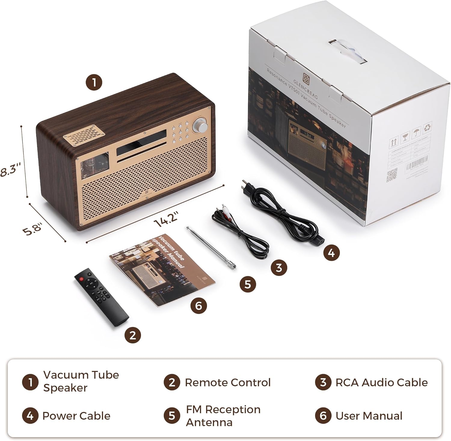 GLENCREAG VTS01 HiFi Vacuum Tube Speaker Amplifier with ECC82 Tubes CD/FM/BT/USB/RCA/Optical/Coaxial Inputs | Custom Sound Tuning & Remote Control
