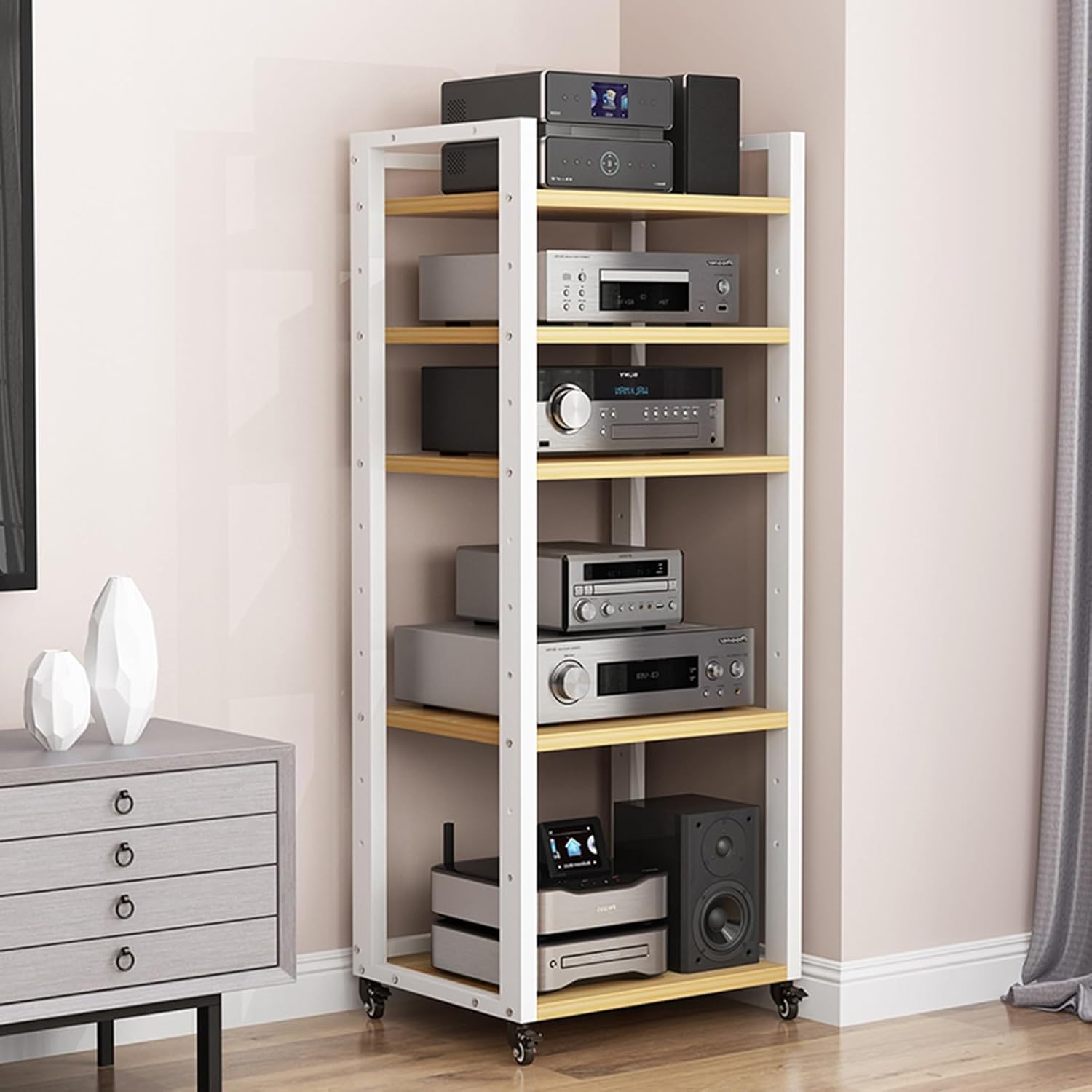 Multi-Tier Amplifier Rack AV Media Stand Corner Shelf for CD Player Stand Audio Tower Home Theatre Entertainment Stereo Components Cabinet with Height Adjustable Wooden Shelves (Color : A-5 Tier