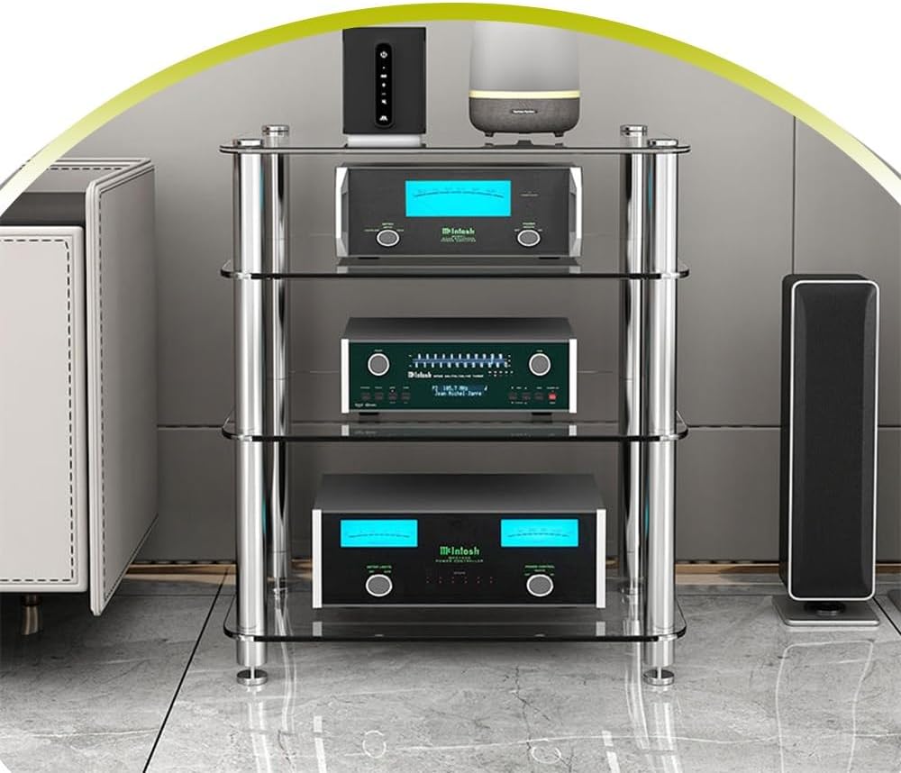 BIUBPW 4-Tier Glass Media Stand HiFi Racks AV Component Cabinet Stereo Rack with Tempered Glass Shelf