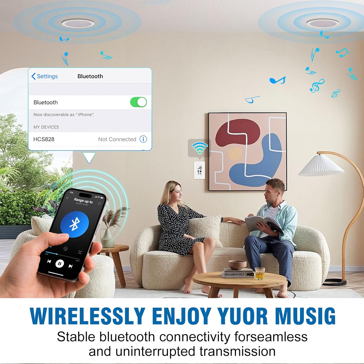 Herdio 8 Inch 800W 2-Way Bluetooth in-Ceiling Speakers - 2 Pairs Flush Mount Speakers with Wall Amplifier Receiver