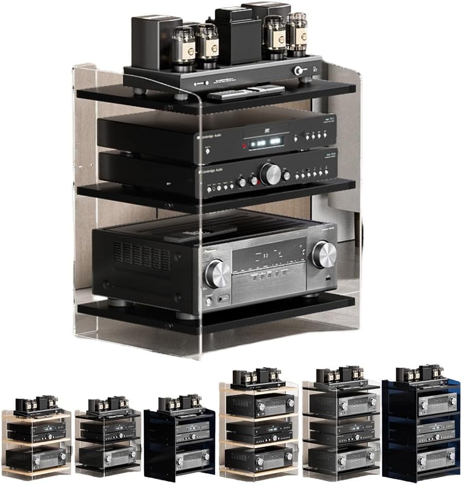 KGPGNYMYHA Acrylic Entertainment Shelves 3 4 Tier Audio Video Shelving Adjustable Media Storage Cabinet Audio Component Rack Floor-standing Record Player Stand(Clear