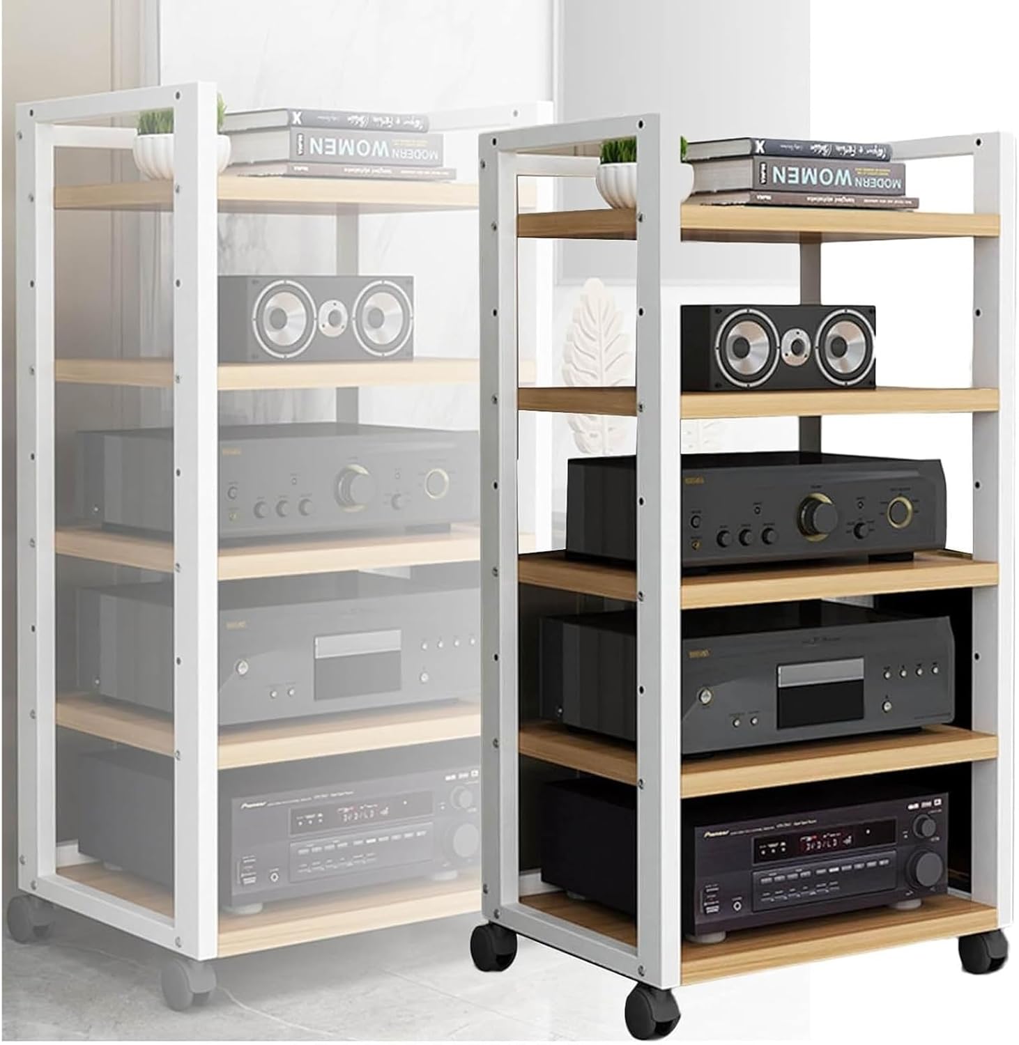 5-Tier Movable Media Stand CD Player Stereo Stand Audio/Video Component Cabinet Audio Rack Tower with Height Adjustable Wooden Shelves for Home/Office/Theater (Color : B