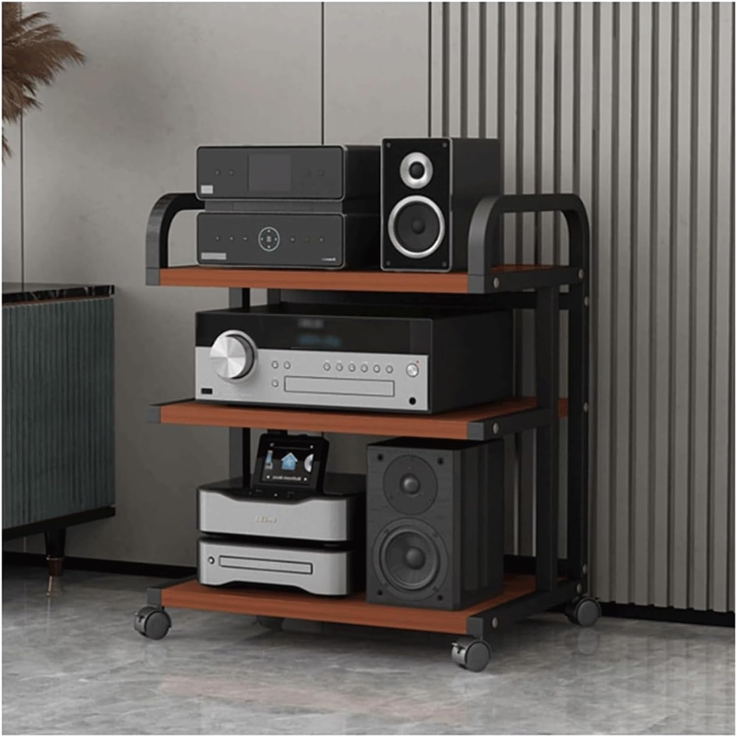 PZEOB AV Media Stand Carbon Steel + E1 Grade Plate Audio Rack Stand with Wheels Stereo Component Stand Audio-Video Shelving Stereo Rack(Brown