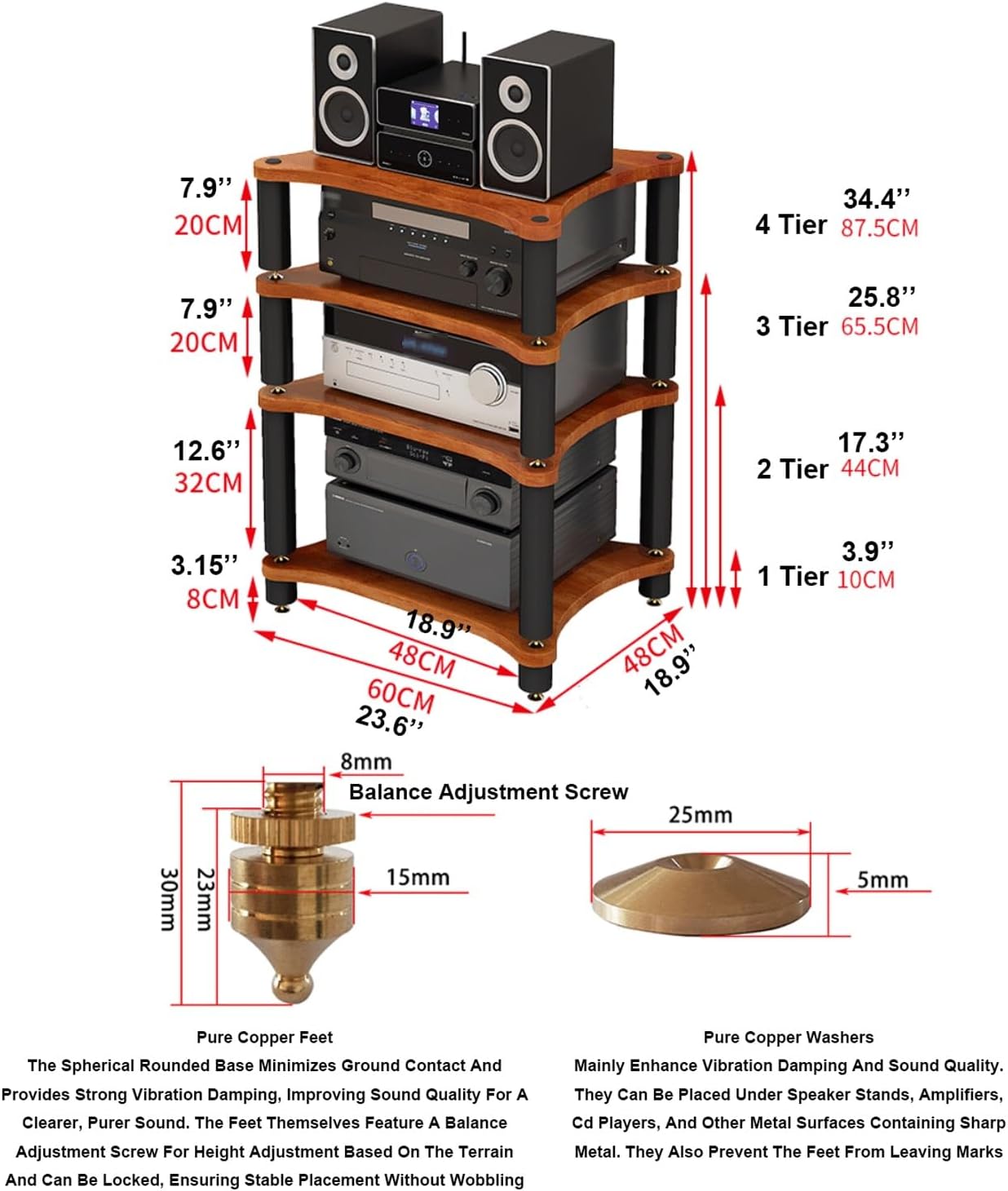 XMFBSY Medios Stereo Rack AV Media Stand with Shock-Absorbing Feet HiFi Stand Wooden CD Record Player Stereo Receiver AV Equipment Cabinet Display Rack Organizer(Black