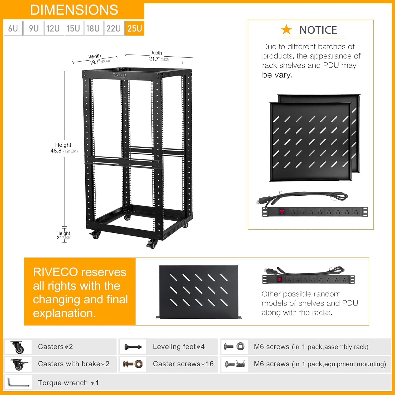 RIVECO 25U Open Frame Server Rack with Wheels + PDU (8 Outlets) Power Strip Surge Protector (2pcs Rack Shelves +1 PDU