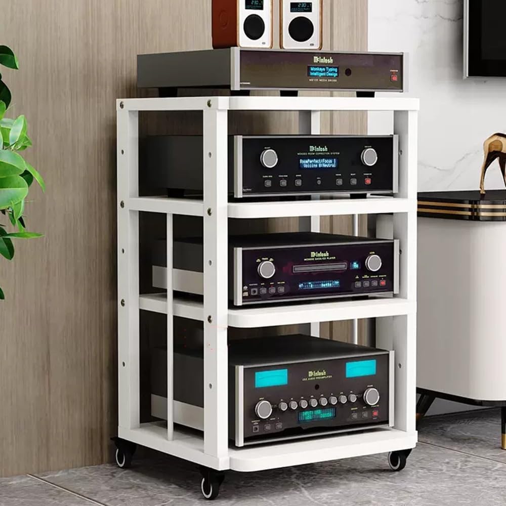 NILZA Movable Media Storage Cabinet Floor-Standing Audio Rack AV Media Stand Adjustable 3/4/5 Tier Wooden Shelves Stereo Rack Audio Tower Stand For TV Audio Video Components Stereo Equipment(White+Whi