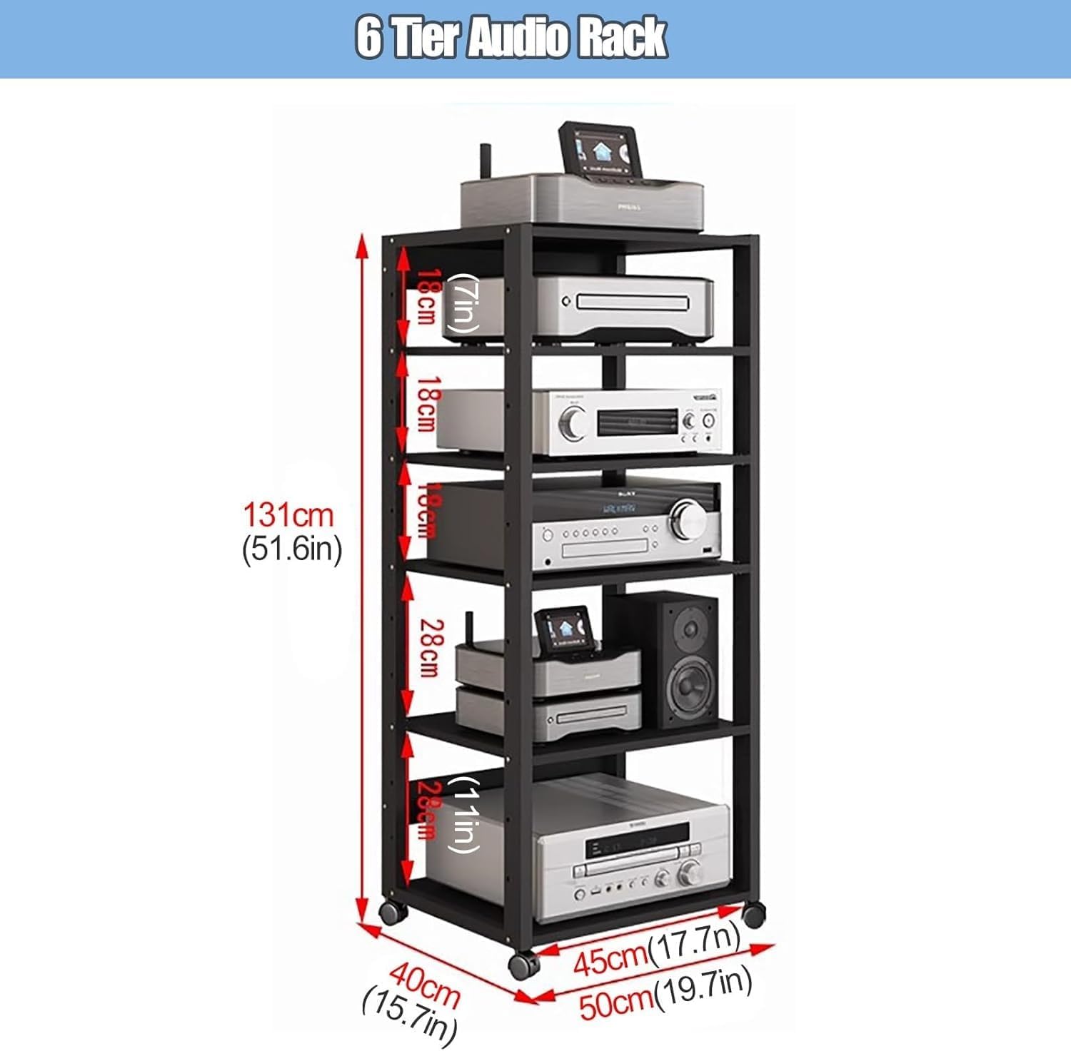 ROPCVAX 6 Tier Audio Component Rack Tower with Wheels for Home/Office Modern Tall Hifi Racks Stereo Stand Equipment Shelves Media Storage Cabinet(6 tier-131cm)