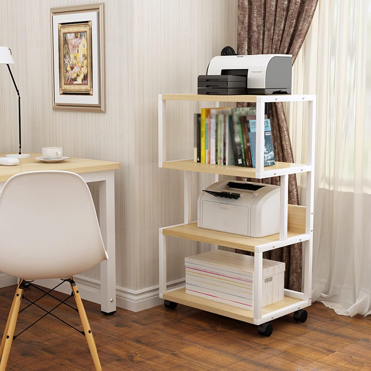 XIHAADOY Gaming Tv Stand and Stereo Rack Audio Tower 4-Tier Mobile Printer Stand Media Cd Player Stand Cabinet with Wheels (B)