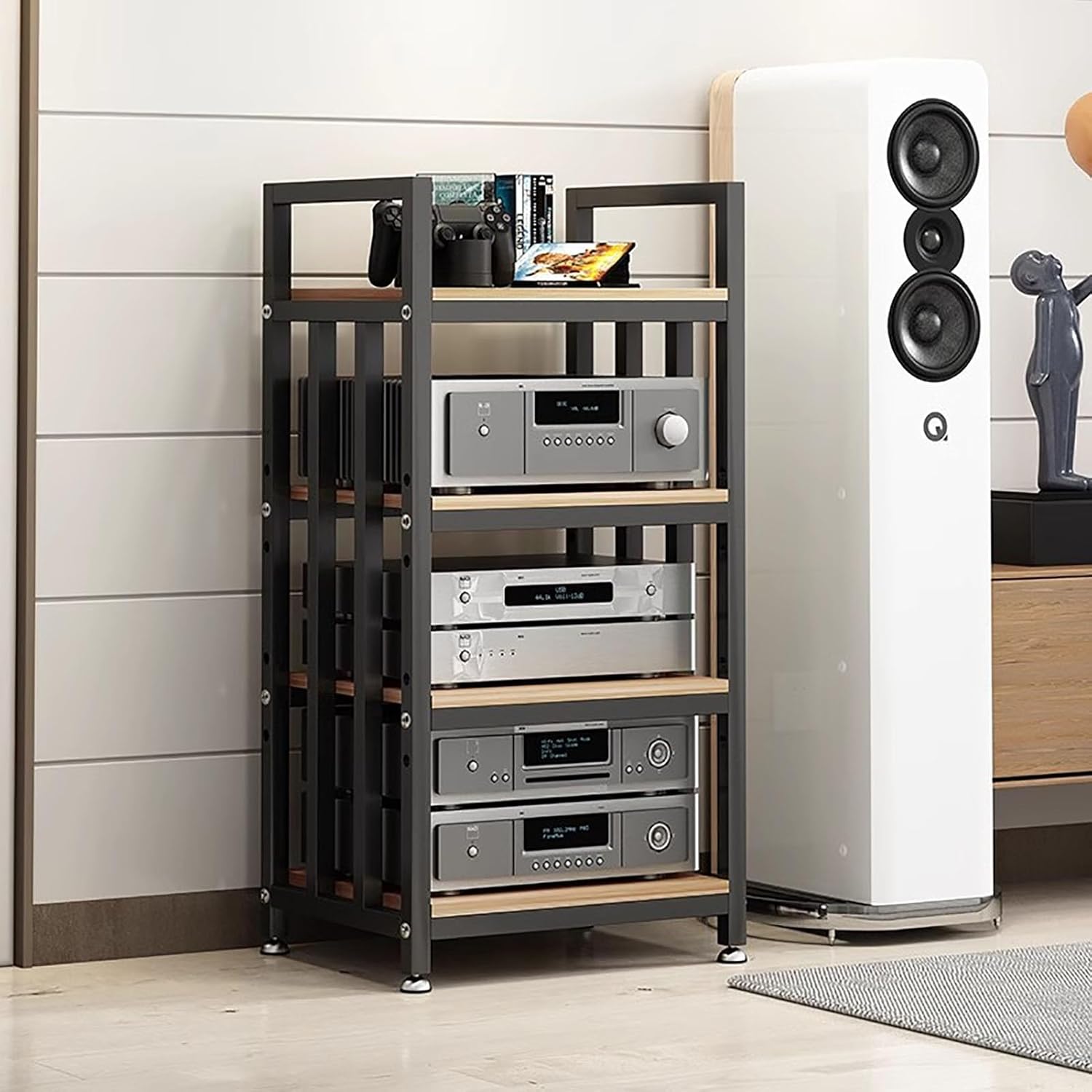 4 Tier Floorstanding Storage Shelves Furniture Media Stand DVD CD Player Stand Audio Rack Power Amplifier Equipment Cabinet with Height Adjustable Wooden Shelf 19.7x15.7x39.4in (Color : B)
