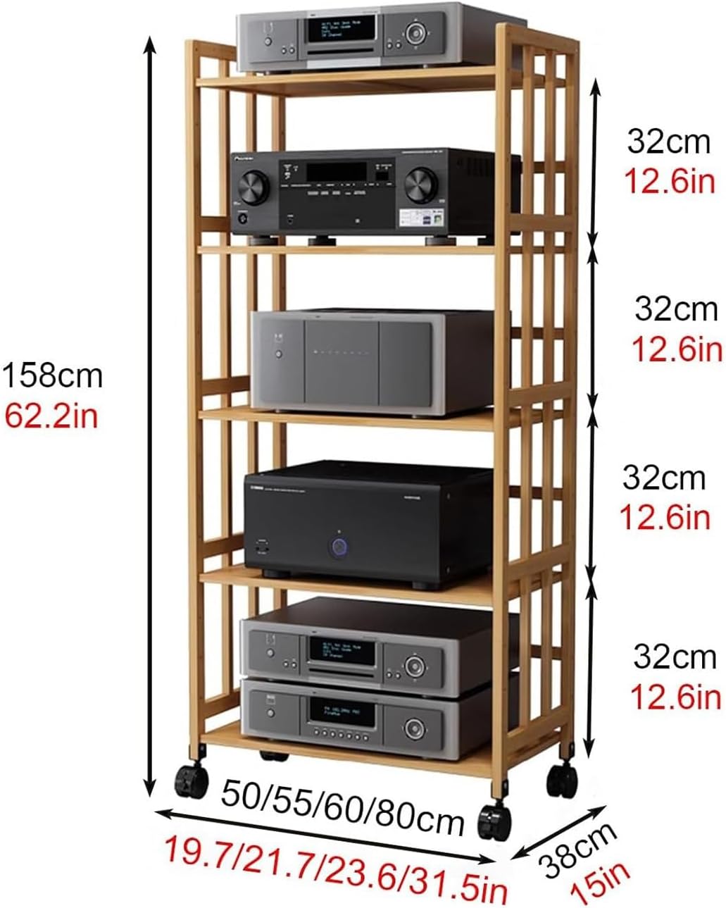 XingLi 62.2Inch/158cm Tall Movable Media Stand Audio/Video Rack CD Player Stand Stereo Component Storage Cabinet with Height Adjustable Wooden Shelf for Home/Office/Theater(W- 50cm/19.7in)