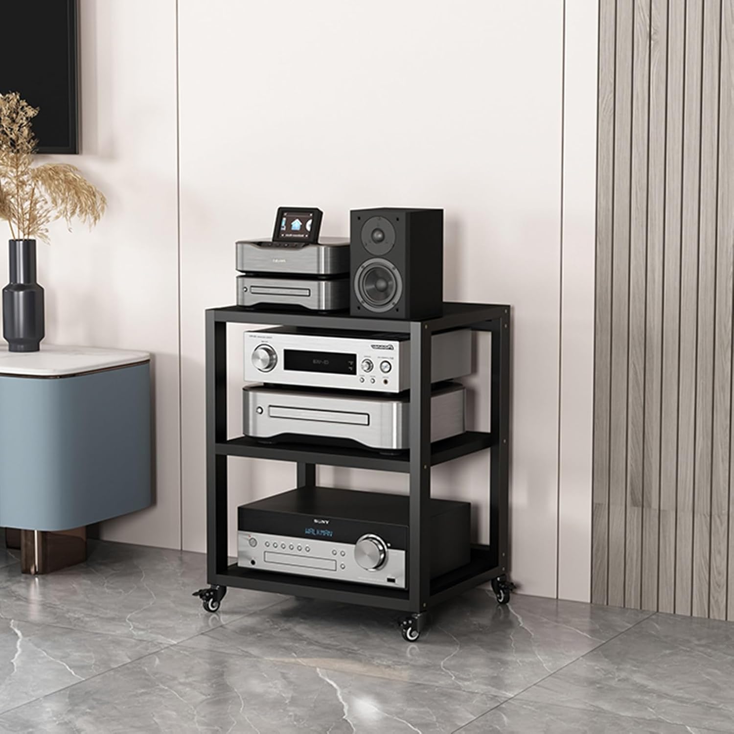 Movable AV Media Player Stand Corner Shelf 3-Tier Wooden Shelves Entertainment Stereo Component Storage Cabinet CD Rack Audio Tower for Home/Office/Theater