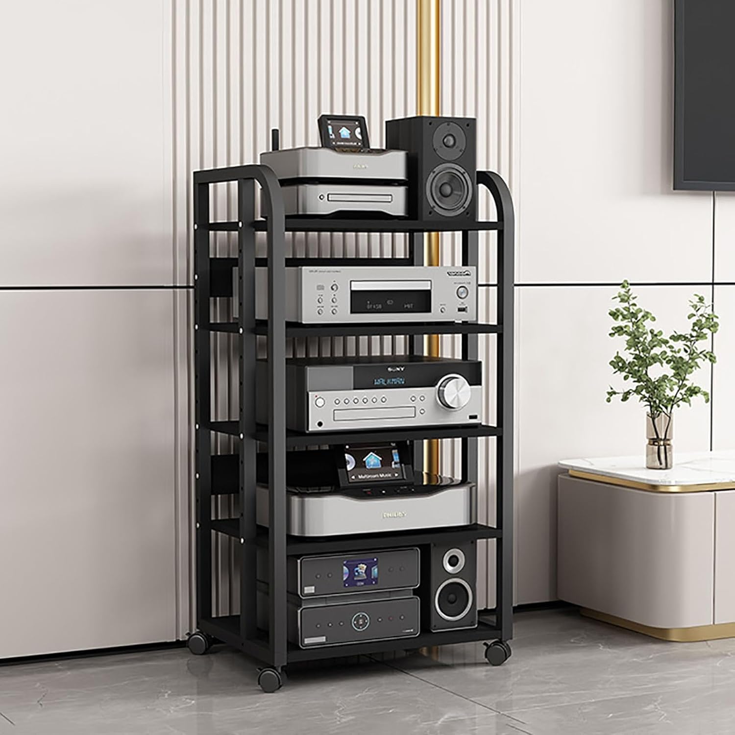 4-Tier AV Media Cabinet Stand Component Cabinet with Height Adjustable Wooden Stand