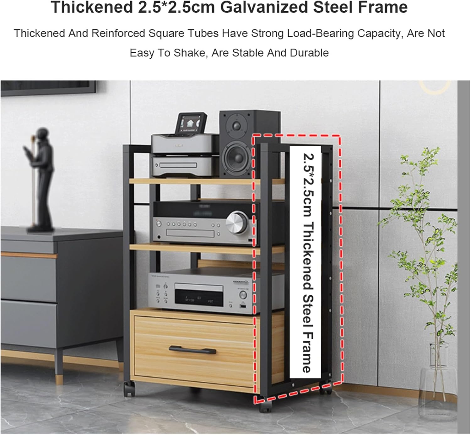 XMFBSY Medios 2/3/4 Tier AV Media Stand with Drawer HiFi Stand Audio Rack Tower with Adjustable Shelves Wooden Video Game Console Shelf for Record Player Organizer(Rojo