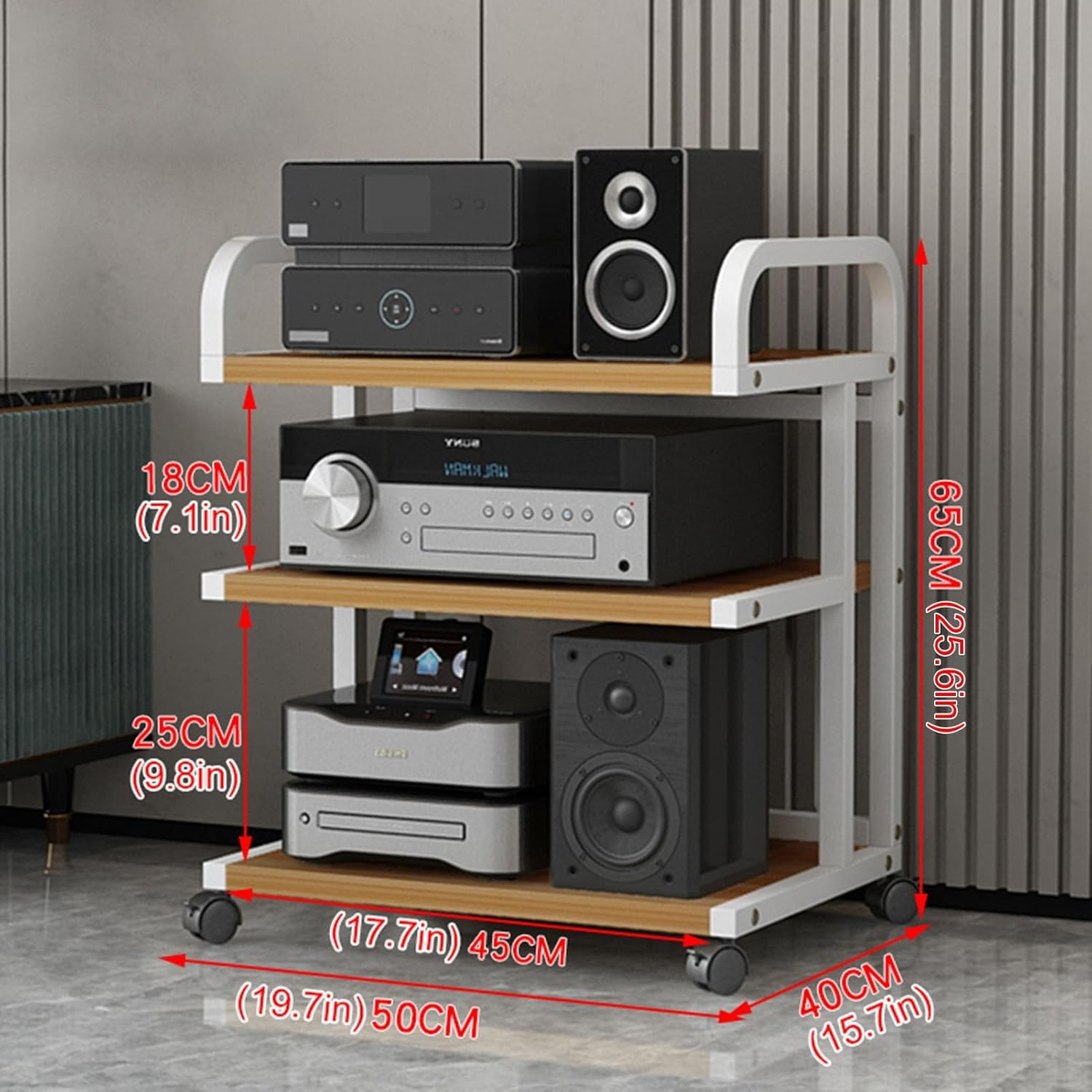QUANGJN 3 Tier Audio/Video Media Stand CD Player Stand Power Amplifier Equipment Stereo Component Cabinet Floor-Standing Movable Storage Shelf with Wheels for Home/Office/Theater