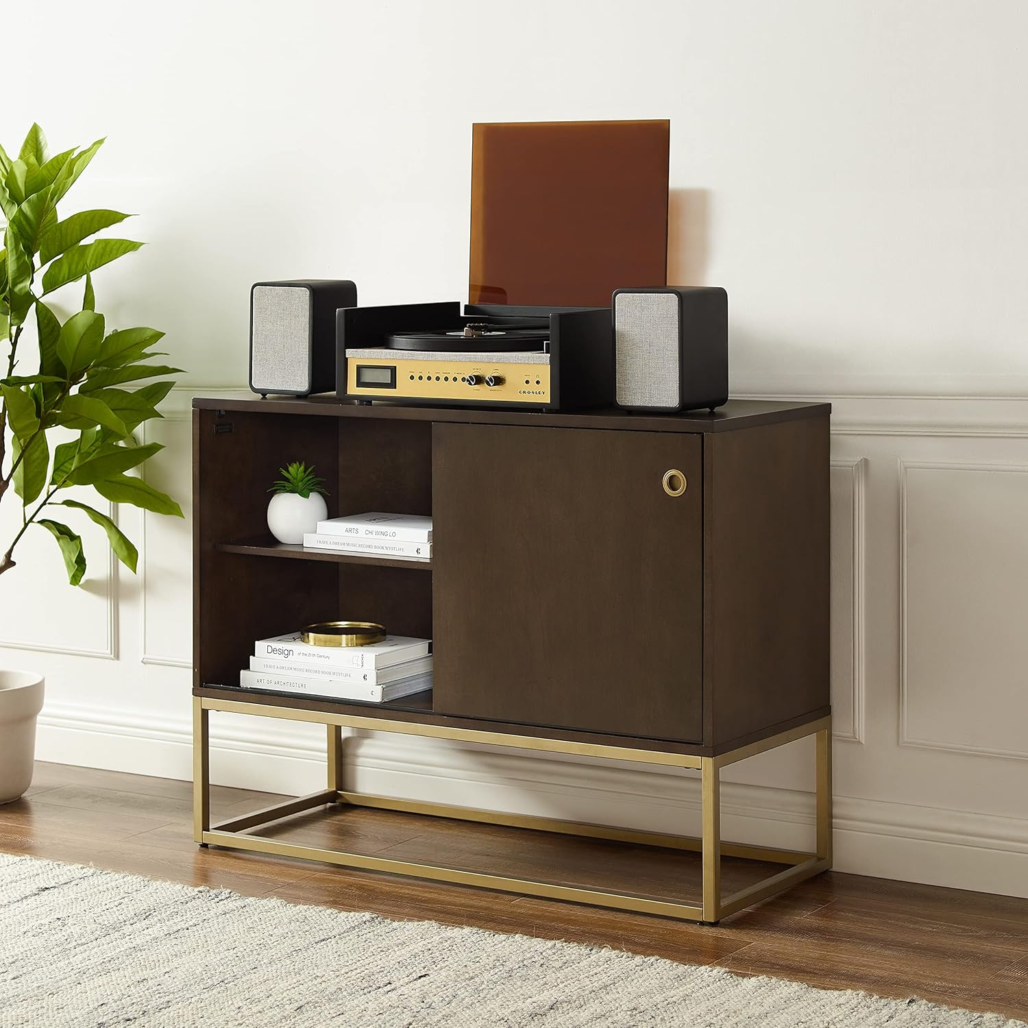 Crosley Furniture Byron Media Console and Record Player Stand with Storage for Vinyl Records