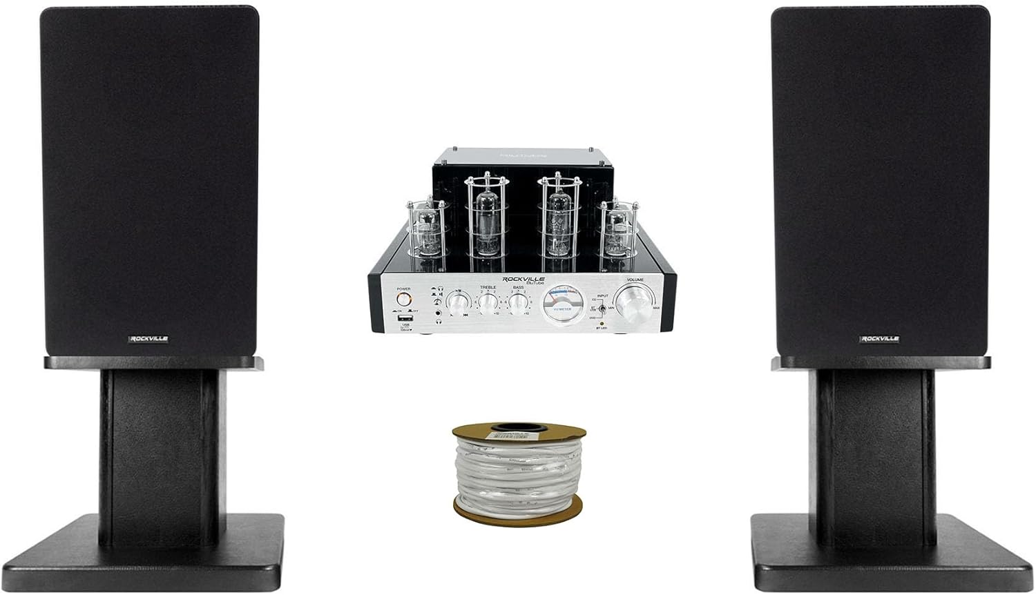 Rockville Bundle BluTube 70w Tube Amplifier Stereo Receiver Bundle with (2) Desktop Speaker Stand & (2) RockShelf 64B Home Theater Bookshelf Speakers