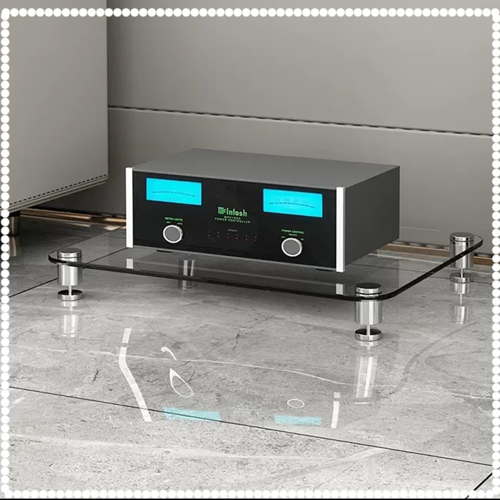 NILZA Glass Media Stand Audio/Video Component Cabinet 2/3-Tier Entertainment Shelf Corner Shelf Stand Stereo Rack Audio Tower for Home/Office/DJ/Theater -Brown/Clear(Transparent
