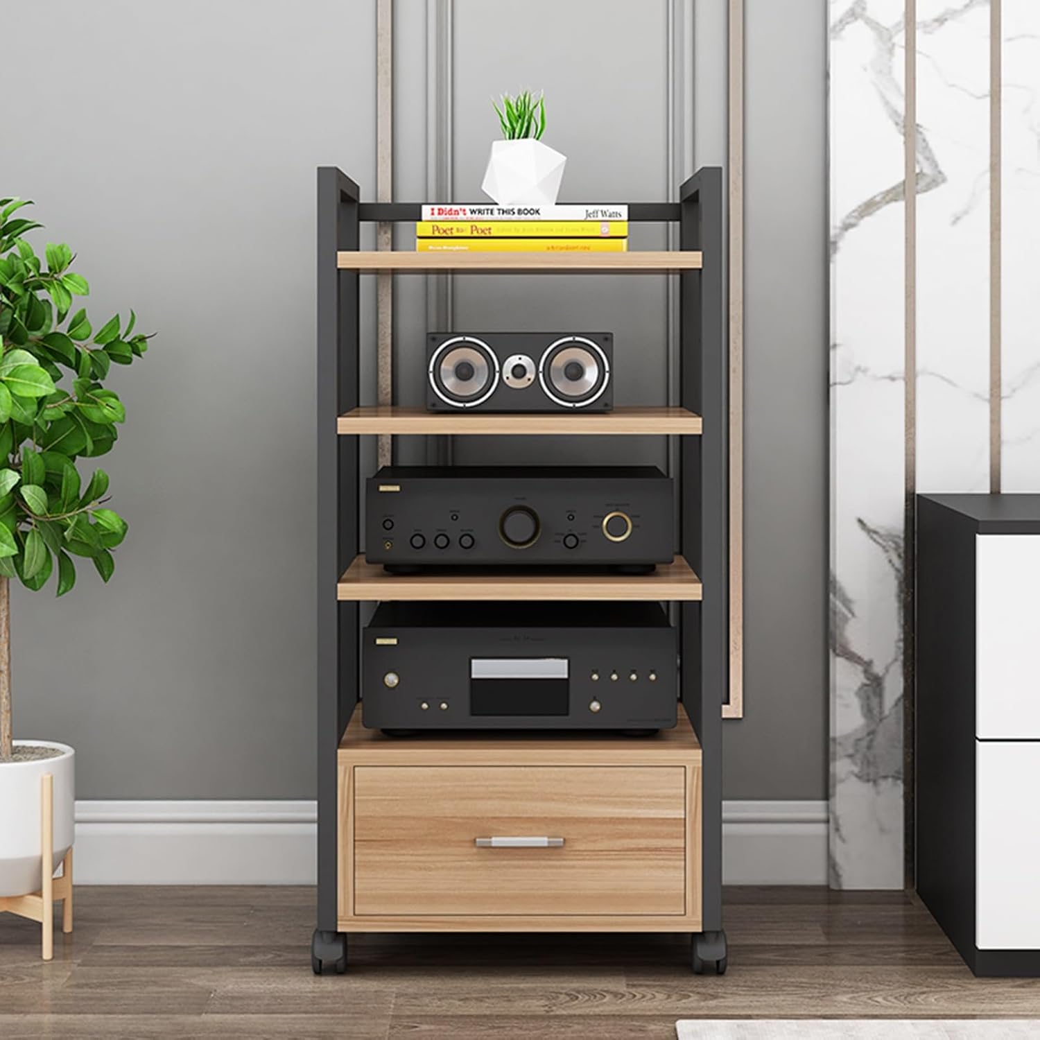 UYCVT Movable Media Stand 4 Tier Audio-Video Media Stand with Height Adjustable Wooden Shelf