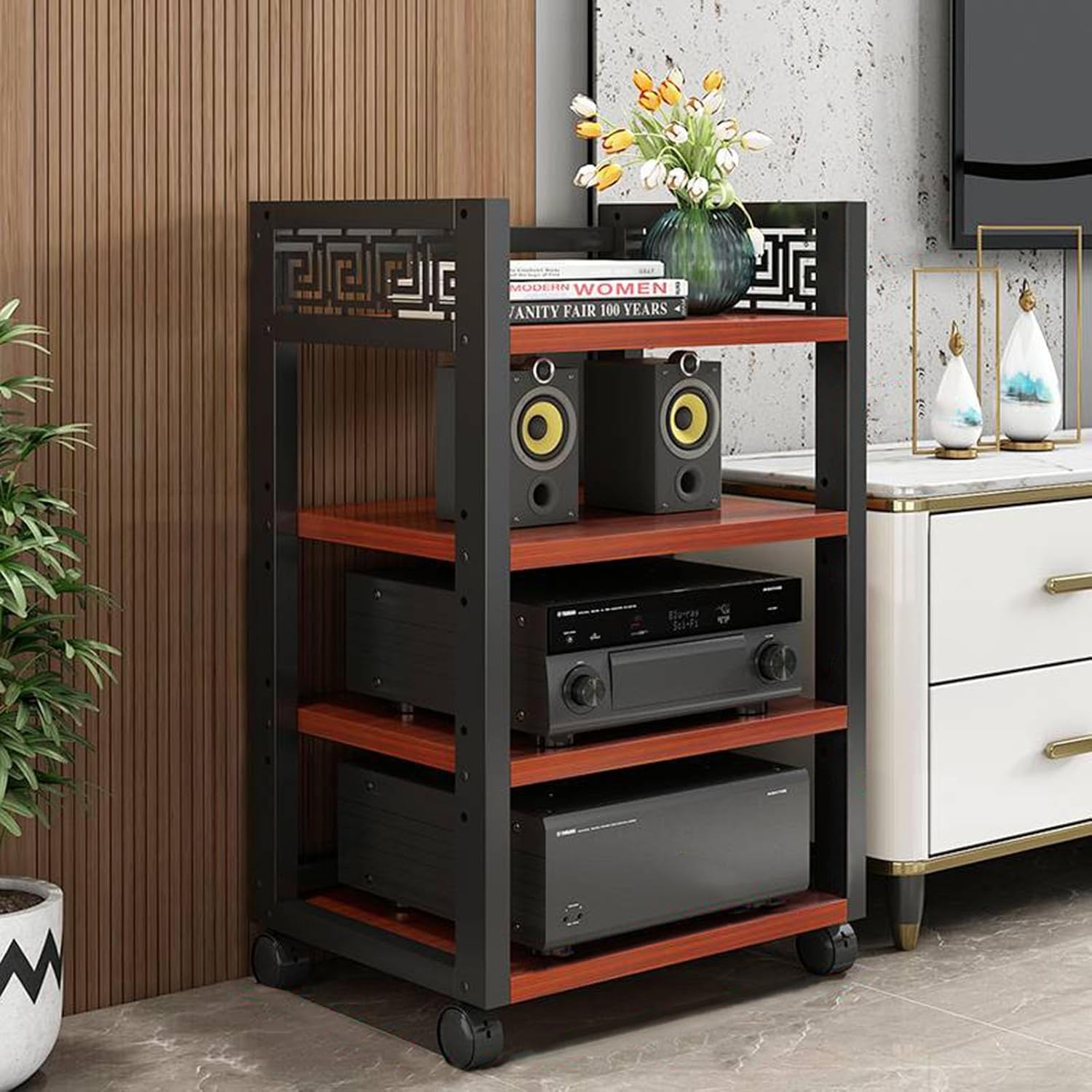 Generic AV Media Stand with Black Steel Frame and Wooden Storage Shelves - Multi-Function Component Cabinet for Living Room