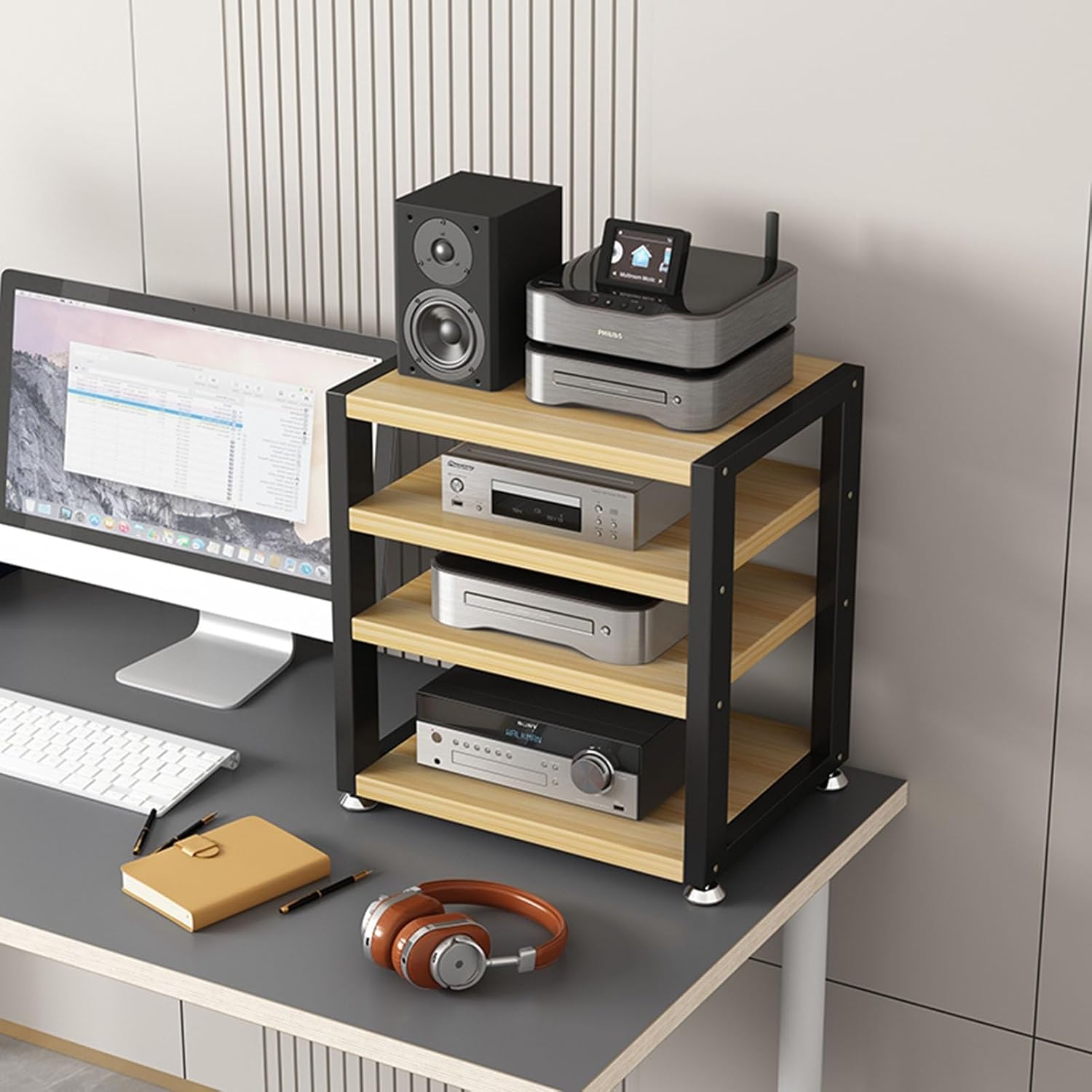 4 Tier Desktop Media Stand Audio Video Components Cabinet Stereo Rack Multi-Function Open Storage Shelf with Wooden Shelves and Steel Frame for Home/Office/Theater (Color : A