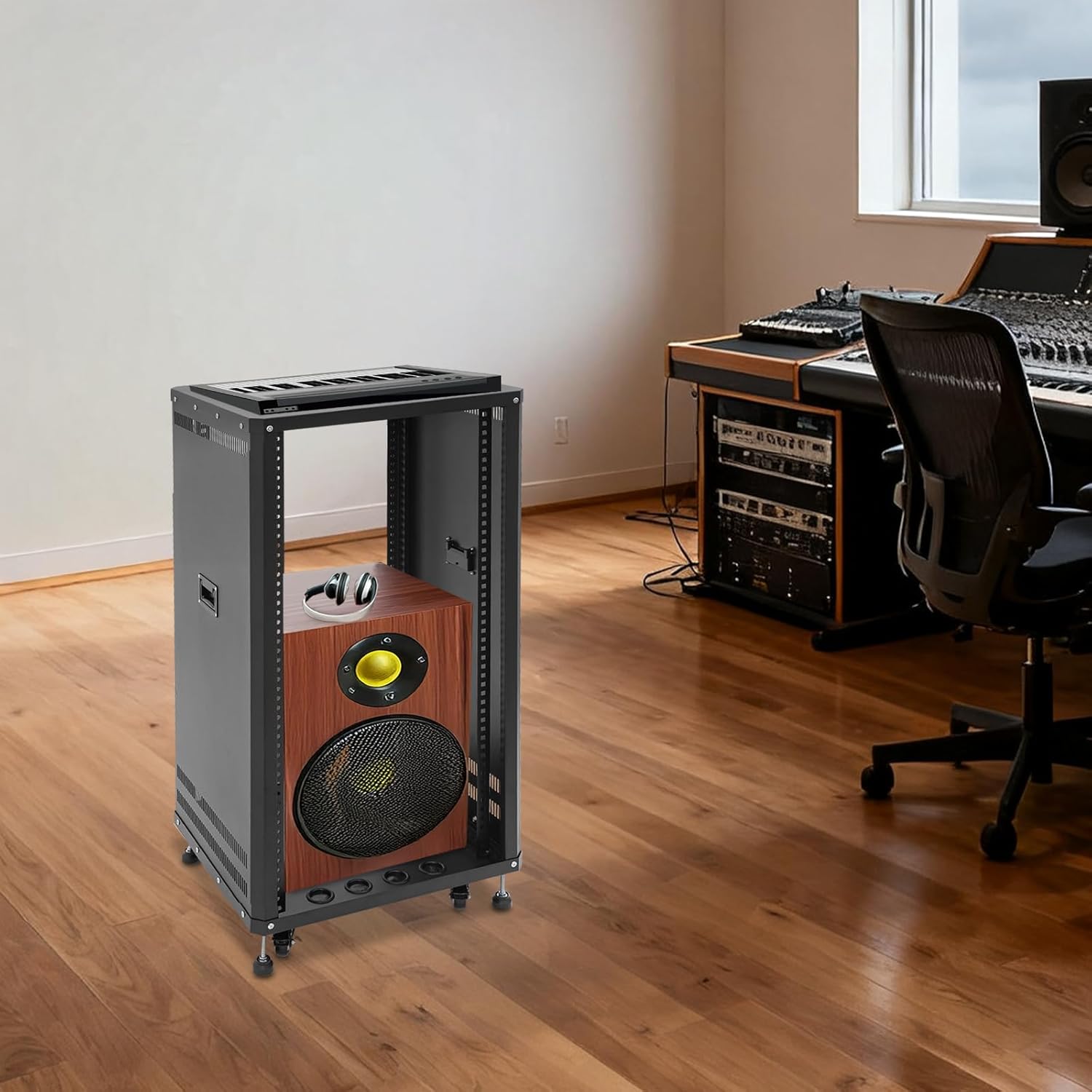 22U Network Rack with Wheels | Open Frame Audio Rack Cabinet | Rolling Wheels Floor Standing Rack | Network Devices Storage Rack Cabinet | Audio & Video Equipment Storage Cabinet (Black