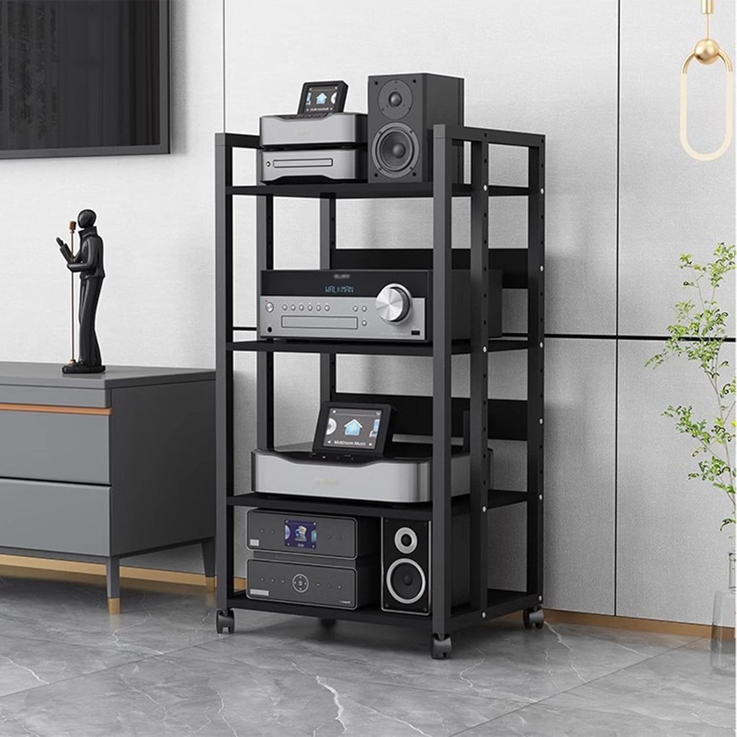 4/5-Tier Movable AV Media Stand CD Player Stand Stereo Rack Corner TV Stand Audio Video Components Cabinet with Height Adjustable Wooden Shelf for Home/Office/Theater