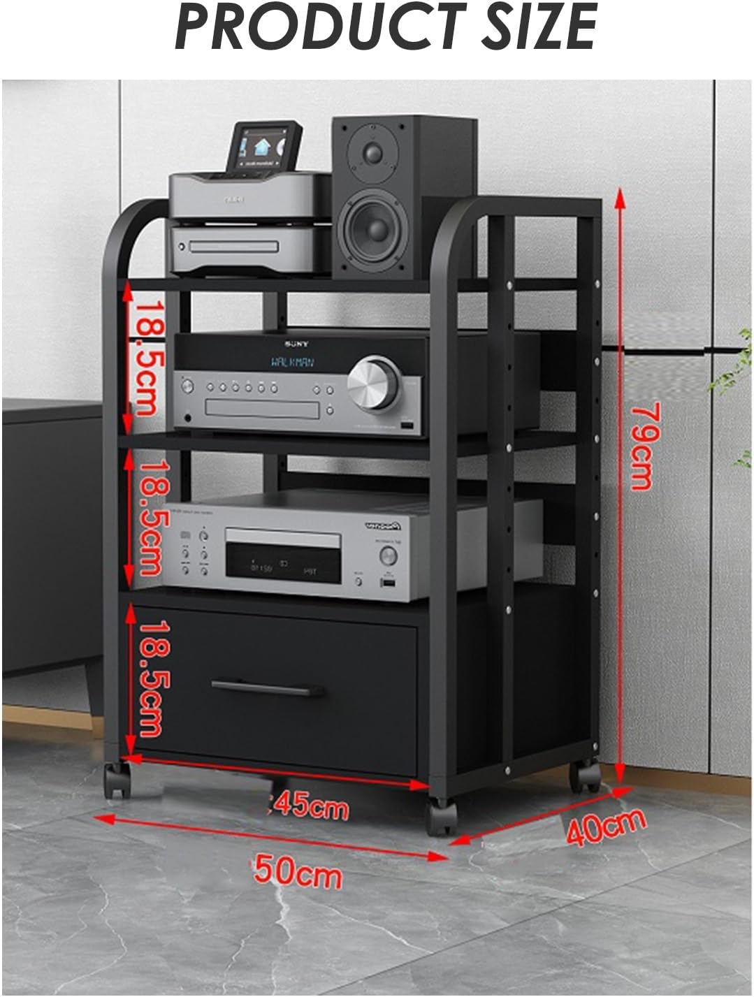 YLQFGUVWK 3 Layers with Drawers Audio Stand Media Player Stand Adjustable Open Storage Rack for Home/Office/Audio Video/DJ/Theater