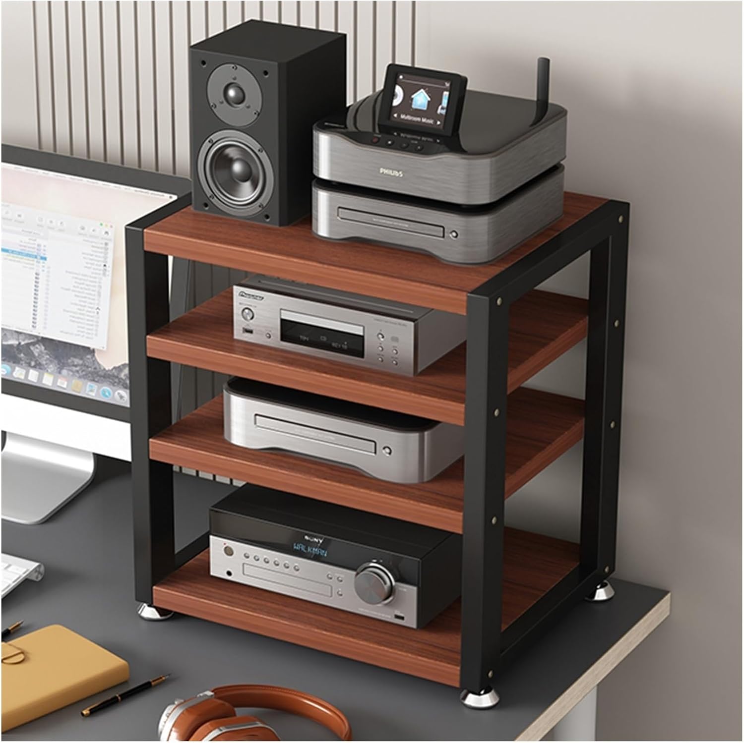 AV Media Stand Stereo Cabinet Furniture Audio/Video Component Cabinet Stereo Rack Audio Tower Wooden Shelf
