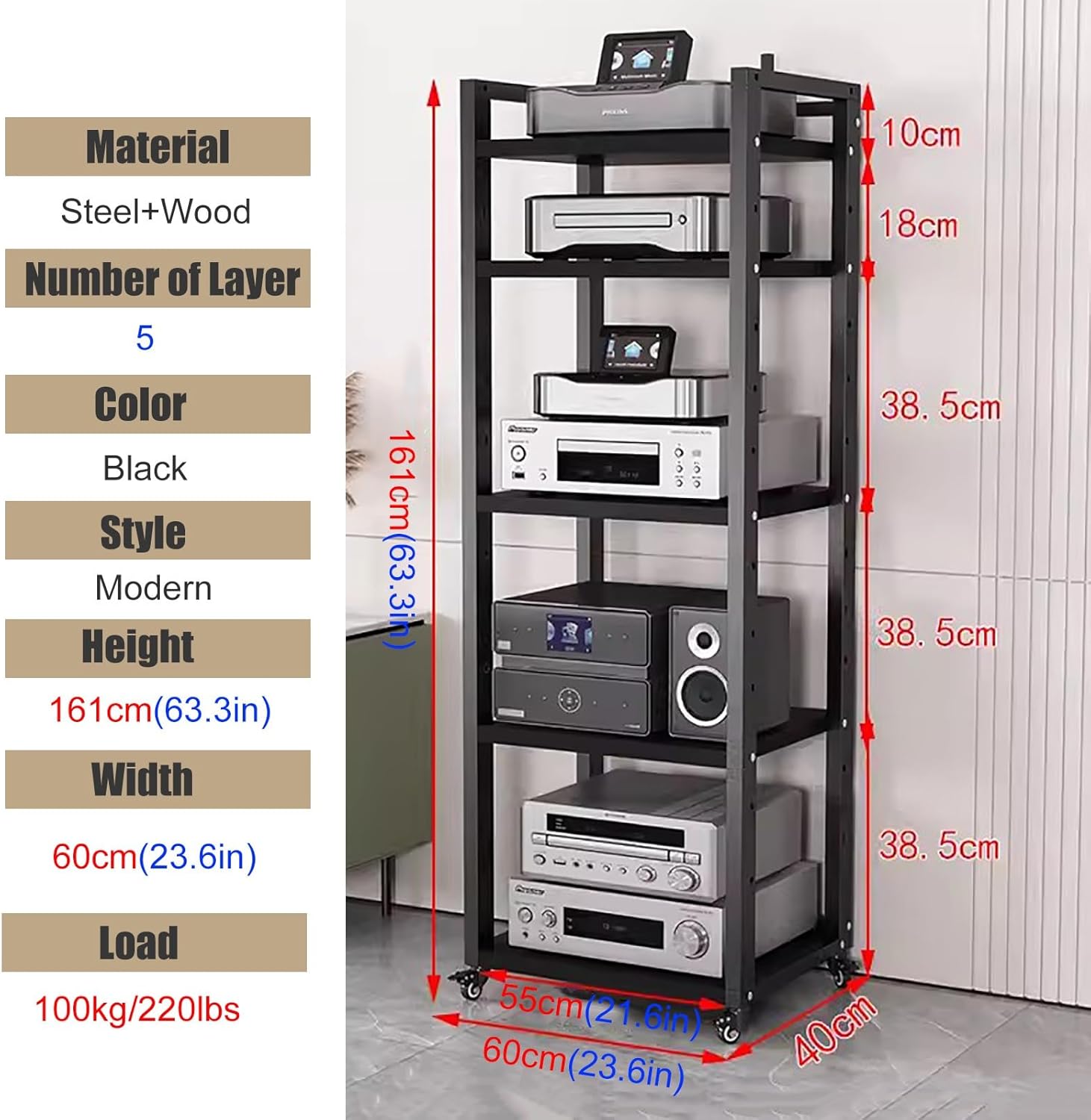 UYCVT Height-Adjustable Audio Rack Shelf - Media Cabinet with Casters for Living Room Compact Entertainment Center for Stereo Components Ideal for Small Spaces-Black-#2-5 tier-60cm Wide