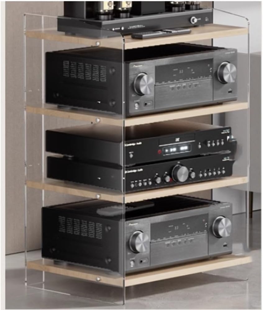 NILZA Acrylic Audio Component Rack 3/4-Layer Audio Rack Media Storage Shelves Adjustable Wooden Shelves Audio Stand Stereo RackMedia Stand for HiFi Audio Equipment(Clear+Wood