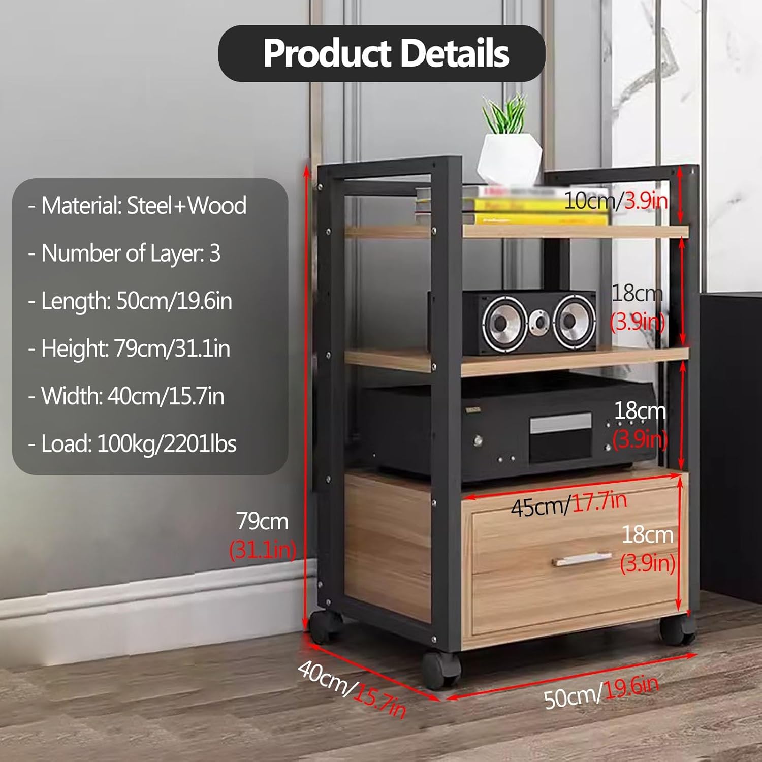 YLLFFLL AV Media Stand Corner Shelf - Rack Audio Tower with Adjustable Shelves - 79 100 120cm Tall Shelf Stand with Wheels - Audio Equipment Rolling Cart Rack Portable for Home(3 Tiers-79cm Tall)