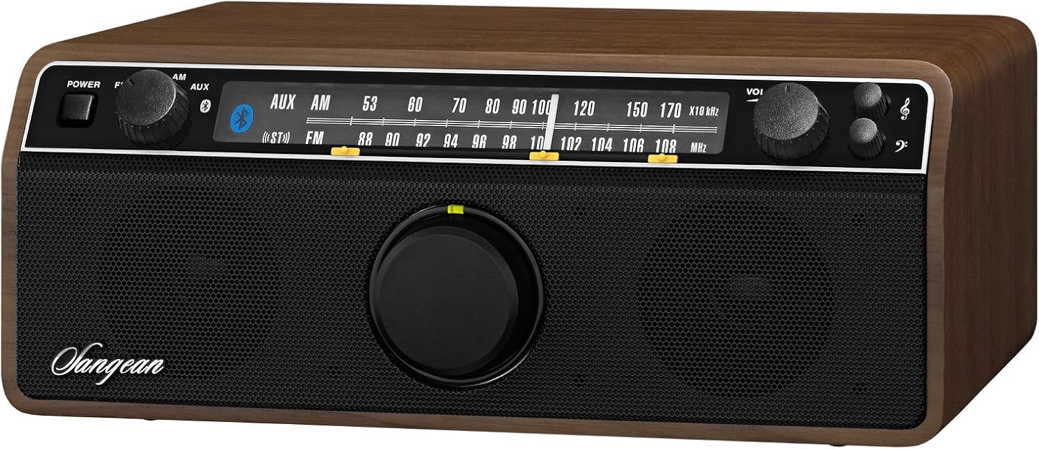 Sangean WR-12BT AM/FM/Bluetooth/AUX-In Stereo Analog Wooden Cabinet Radio (Dark Walnut)