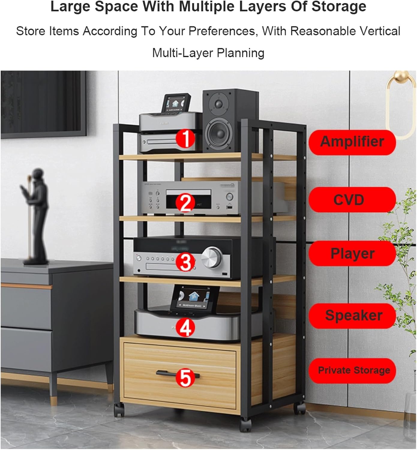 XMFBSY Medios 2/3/4 Tier AV Media Stand with Drawer HiFi Stand Audio Rack Tower with Adjustable Shelves Wooden Video Game Console Shelf for Record Player Organizer(Rojo